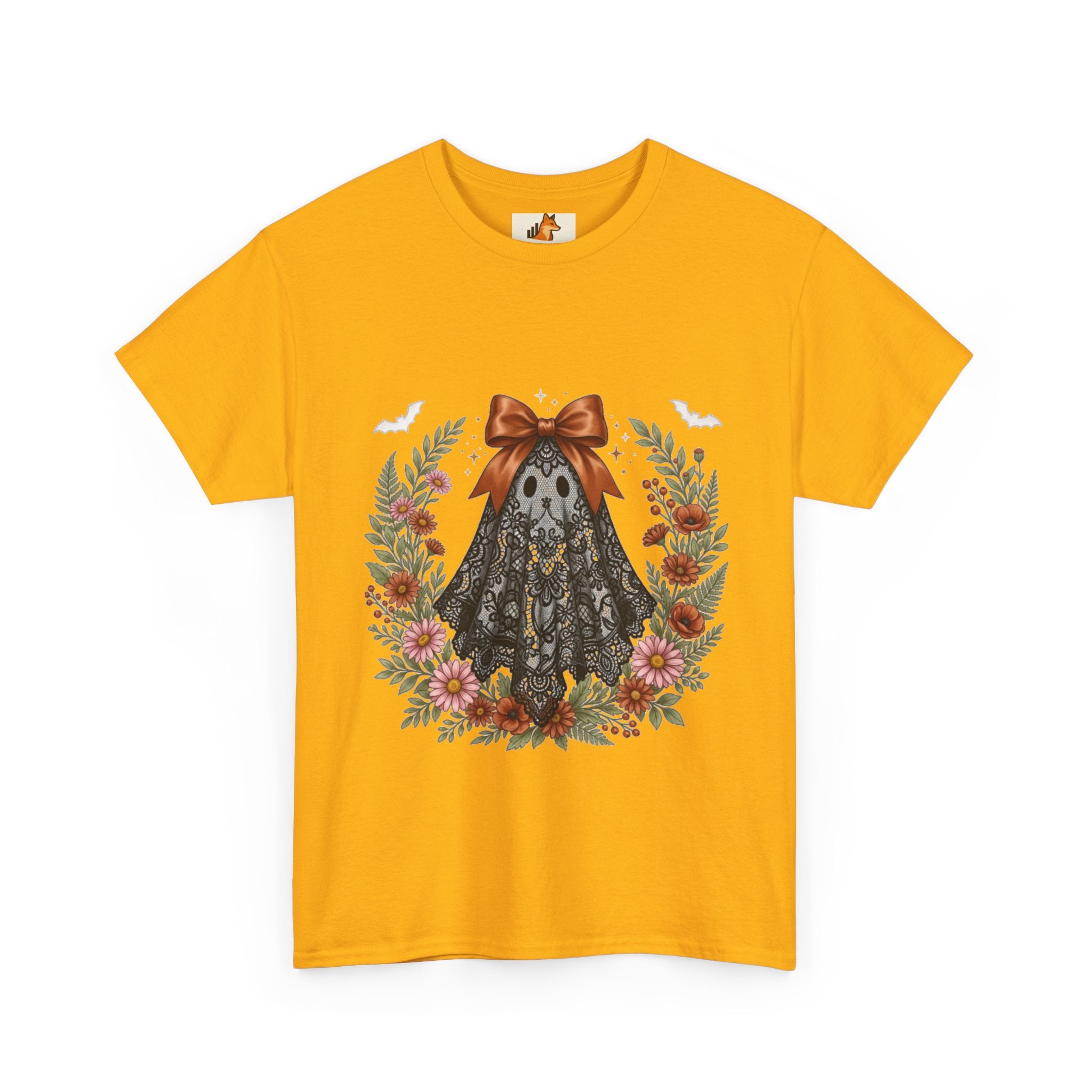 Ghost in Lace Tee — Floral Halloween Ghost T-Shirt with Bow