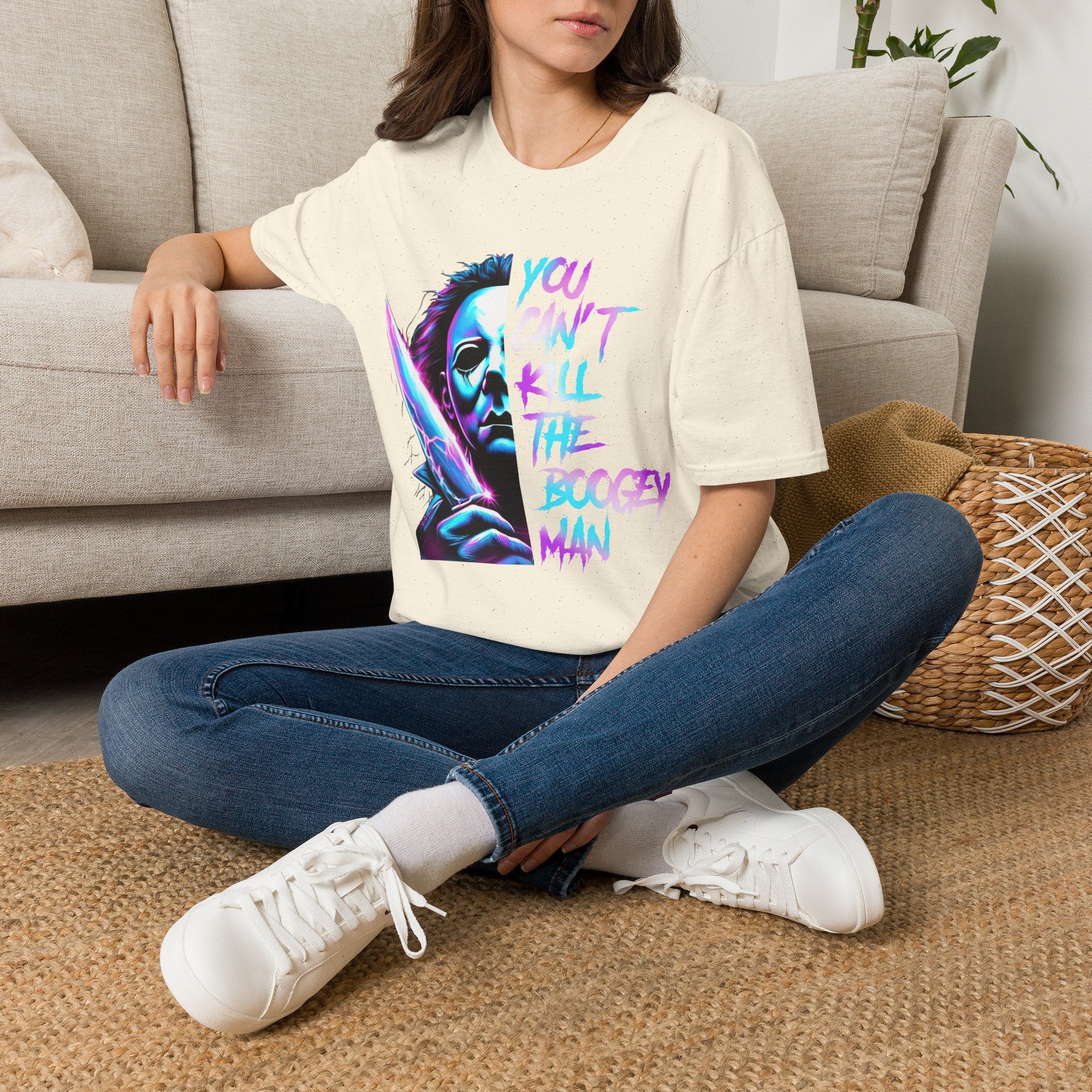 Horror Graphic T-Shirt — Neon “You Can’t Kill the Boogeyman” Michael Mask Tee