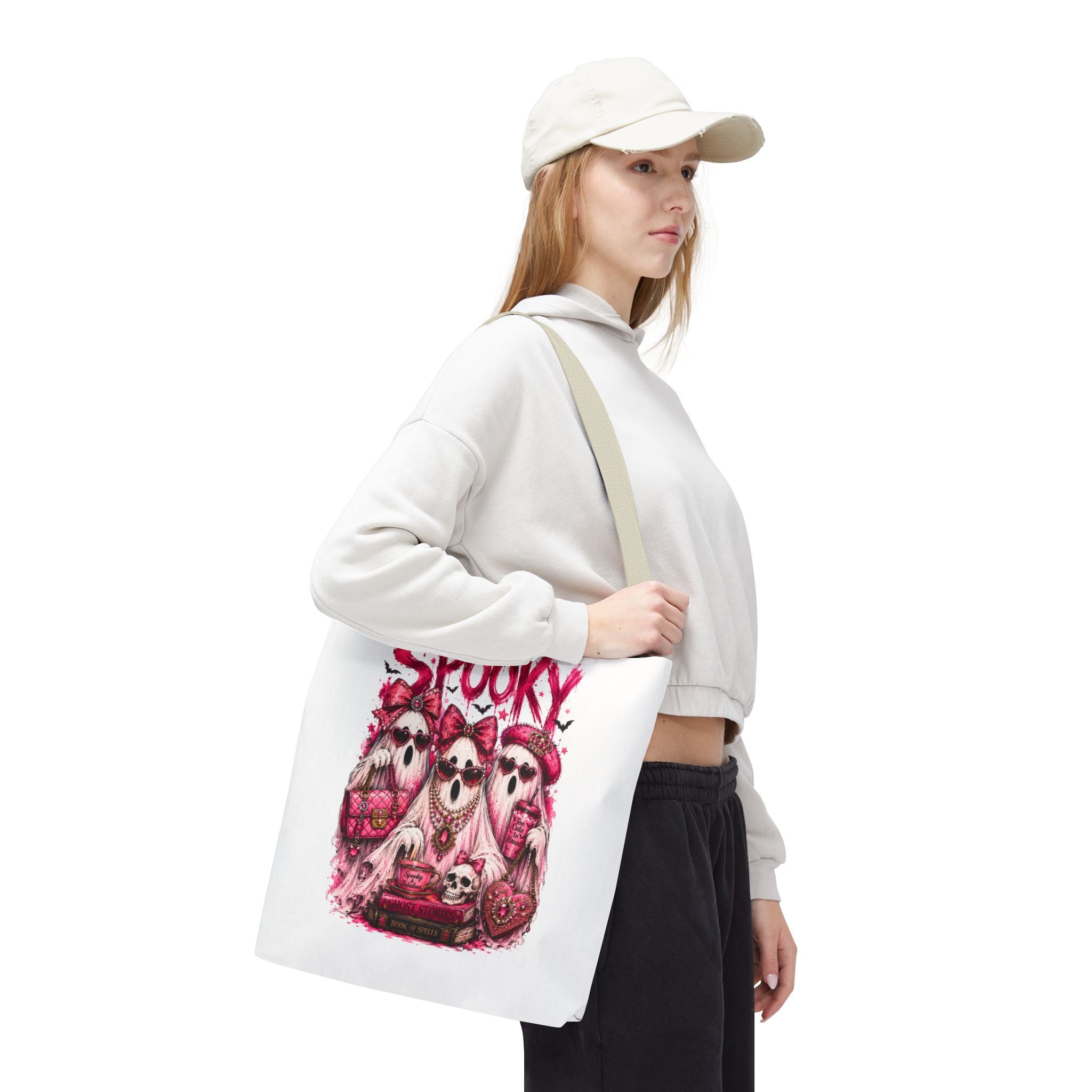 Spooky Pink Ghost Trio Tote Bag — Cute Gothic Halloween Aesthetic