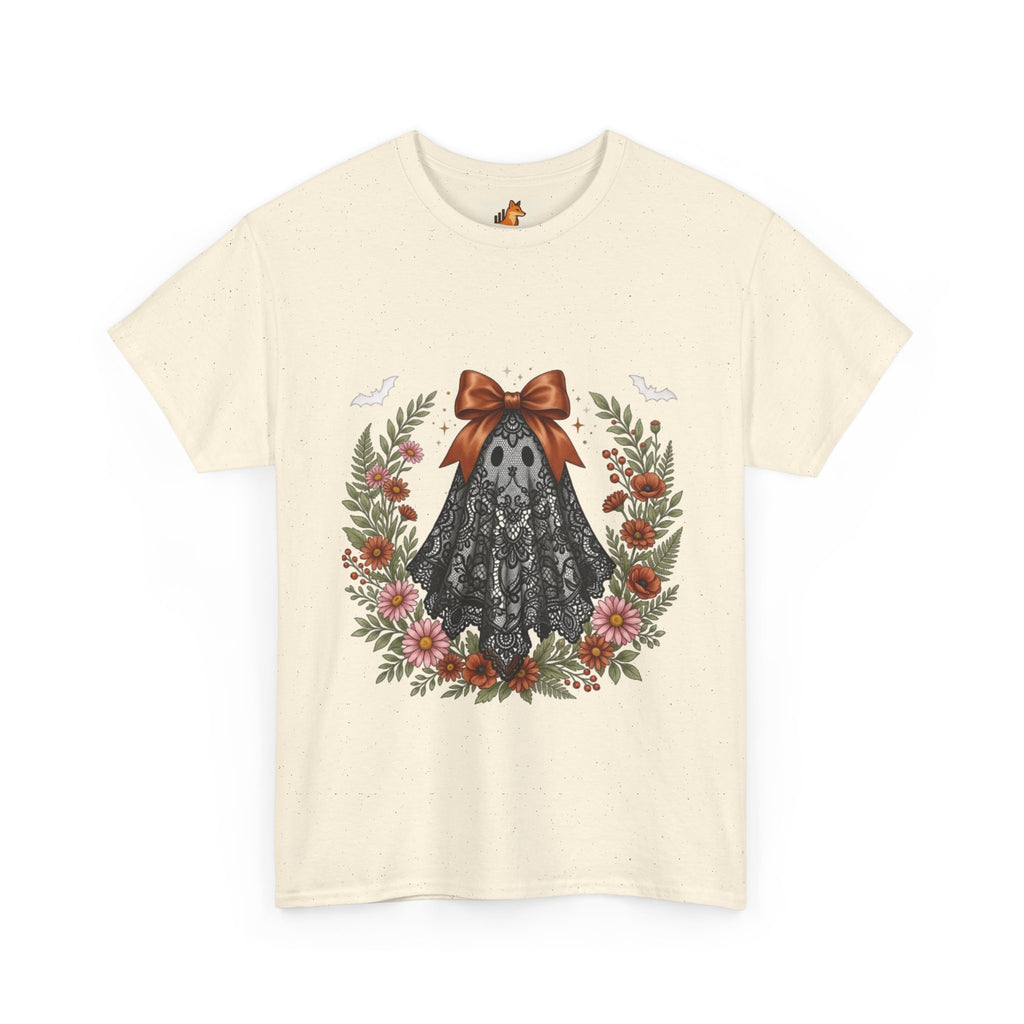 Ghost in Lace Tee — Floral Halloween Ghost T-Shirt with Bow