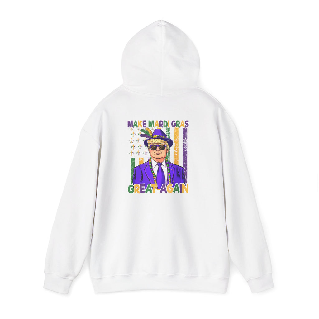 Mardi Gras Great Again Hoodie — Festive King Cake Masked Man Back Graphic
