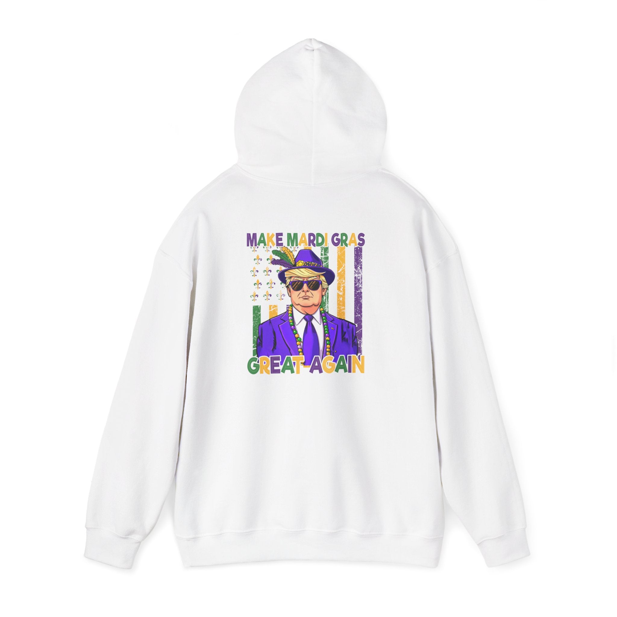 Mardi Gras Great Again Hoodie — Festive King Cake Masked Man Back Graphic