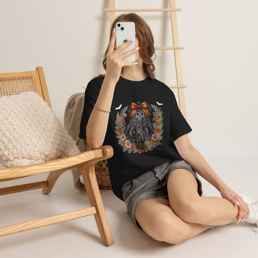 Ghost in Lace Tee — Floral Halloween Ghost T-Shirt with Bow