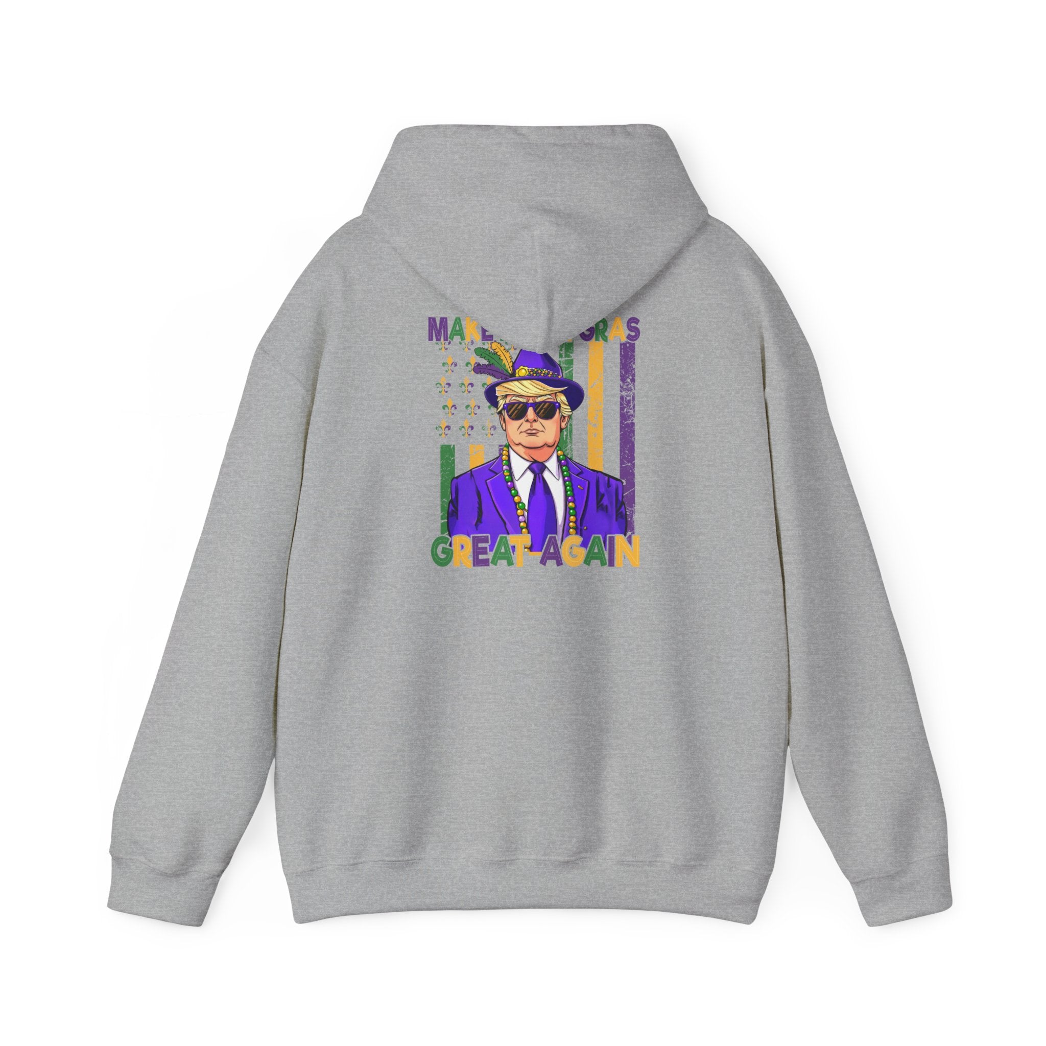 Mardi Gras Great Again Hoodie — Festive King Cake Masked Man Back Graphic