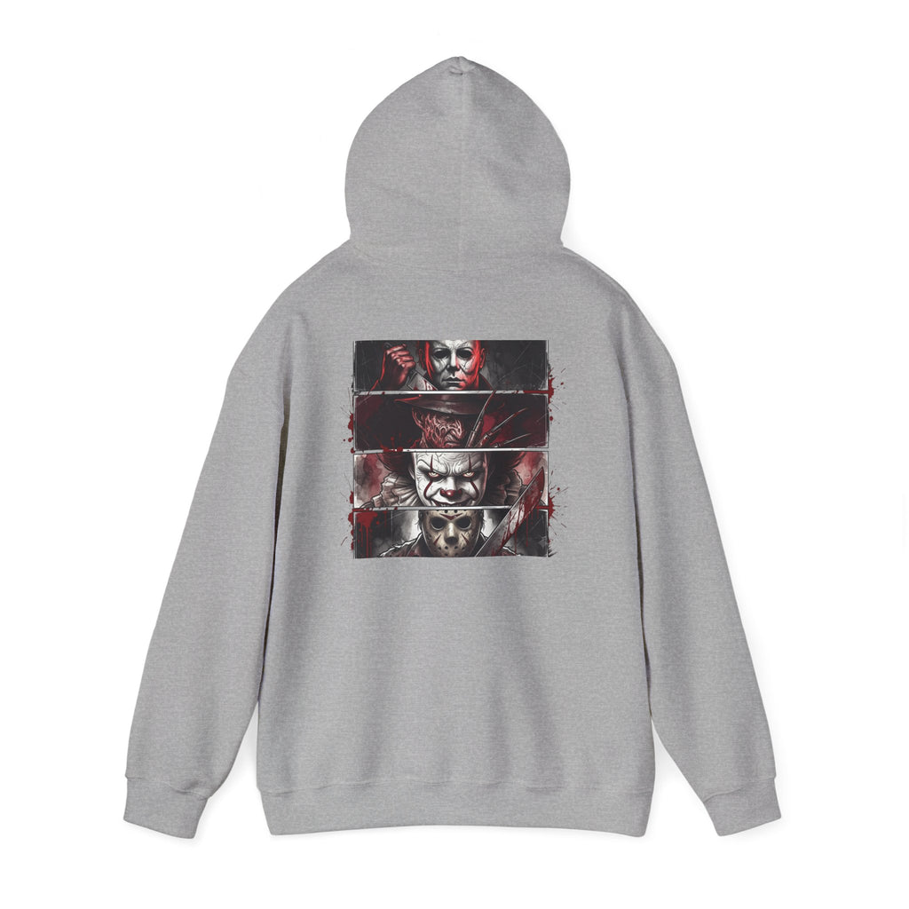 Horror Villains Back-Print Hoodie — Creepy Movie Killer Collage