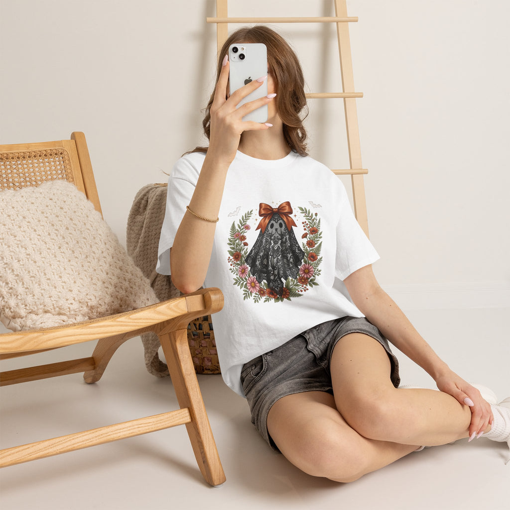 Ghost in Lace Tee — Floral Halloween Ghost T-Shirt with Bow