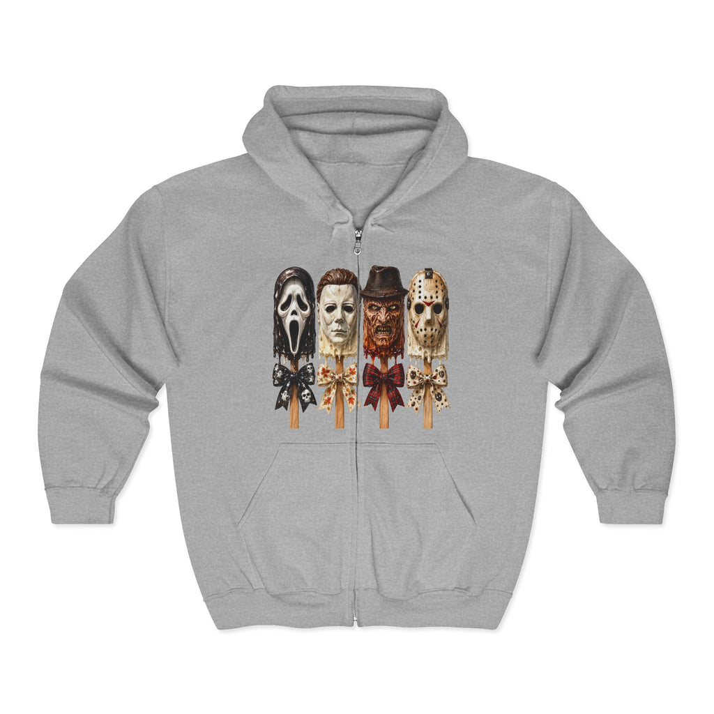 Horror Icons Full‑Zip Hoodie — Scream, Michael Myers, Freddy & Jason Popsicle Mask Design