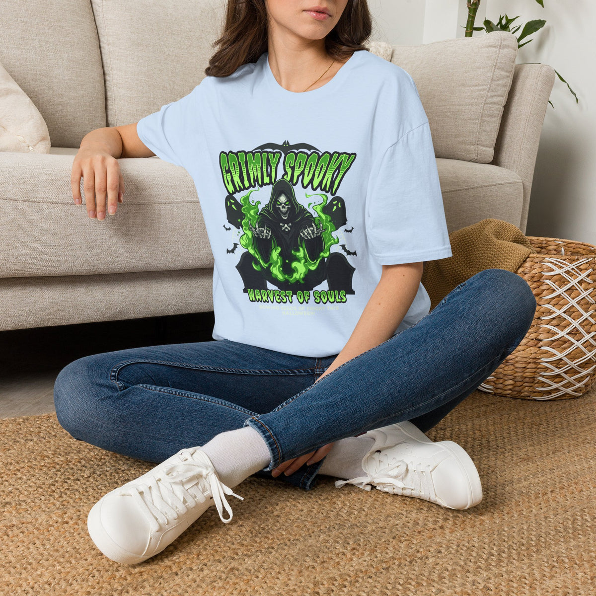 Grimly Spooky T-Shirt — Neon Green Reaper Halloween Tee