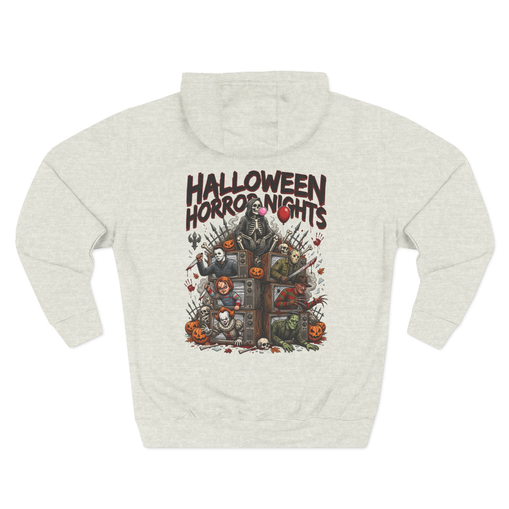 Halloween Horror Nights Hoodie — Haunted Mask & Killer Characters Graphic Pullover