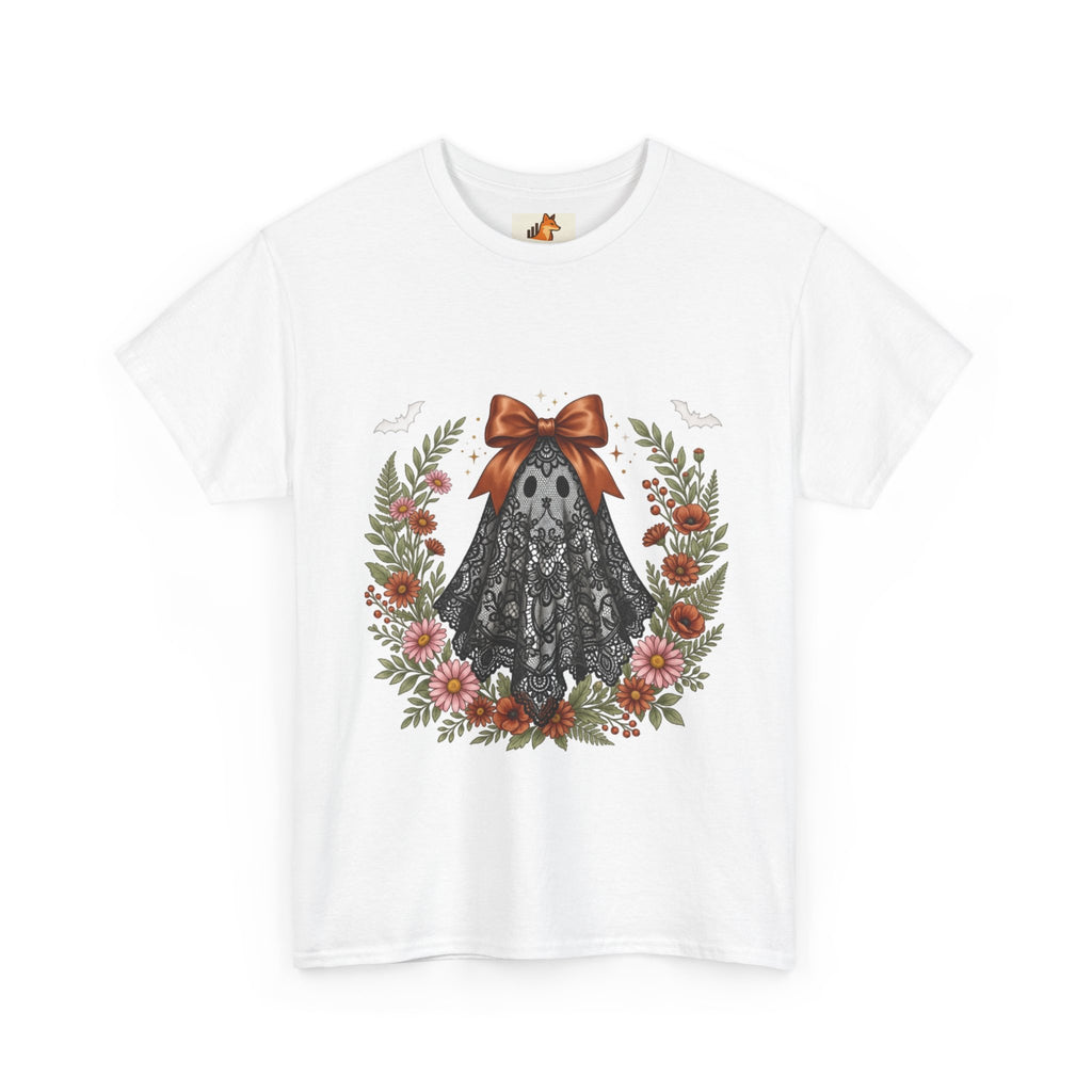 Ghost in Lace Tee — Floral Halloween Ghost T-Shirt with Bow