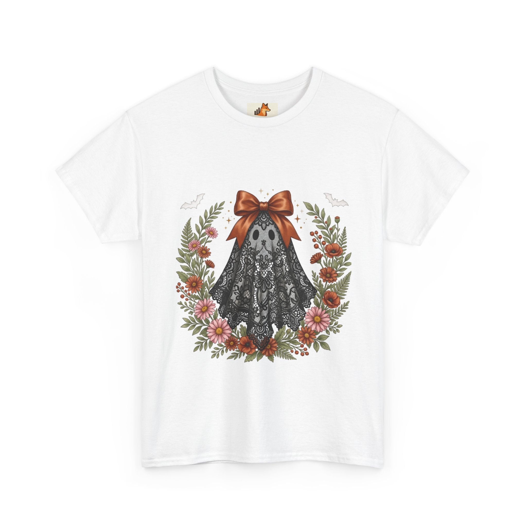 Ghost in Lace Tee — Floral Halloween Ghost T-Shirt with Bow