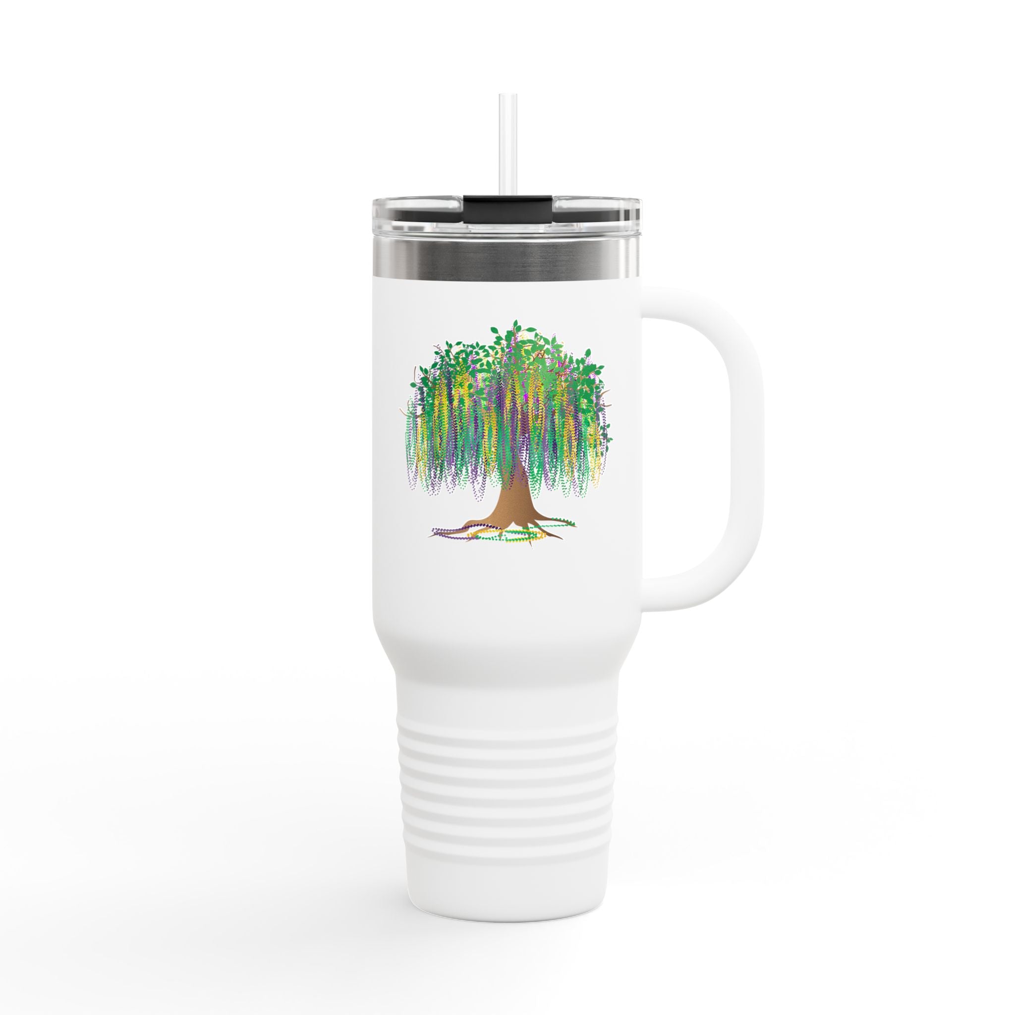 Mardi Gras Bead Tree 40oz Insulated Travel Mug — Colorful Watercolor Tree Tumbler