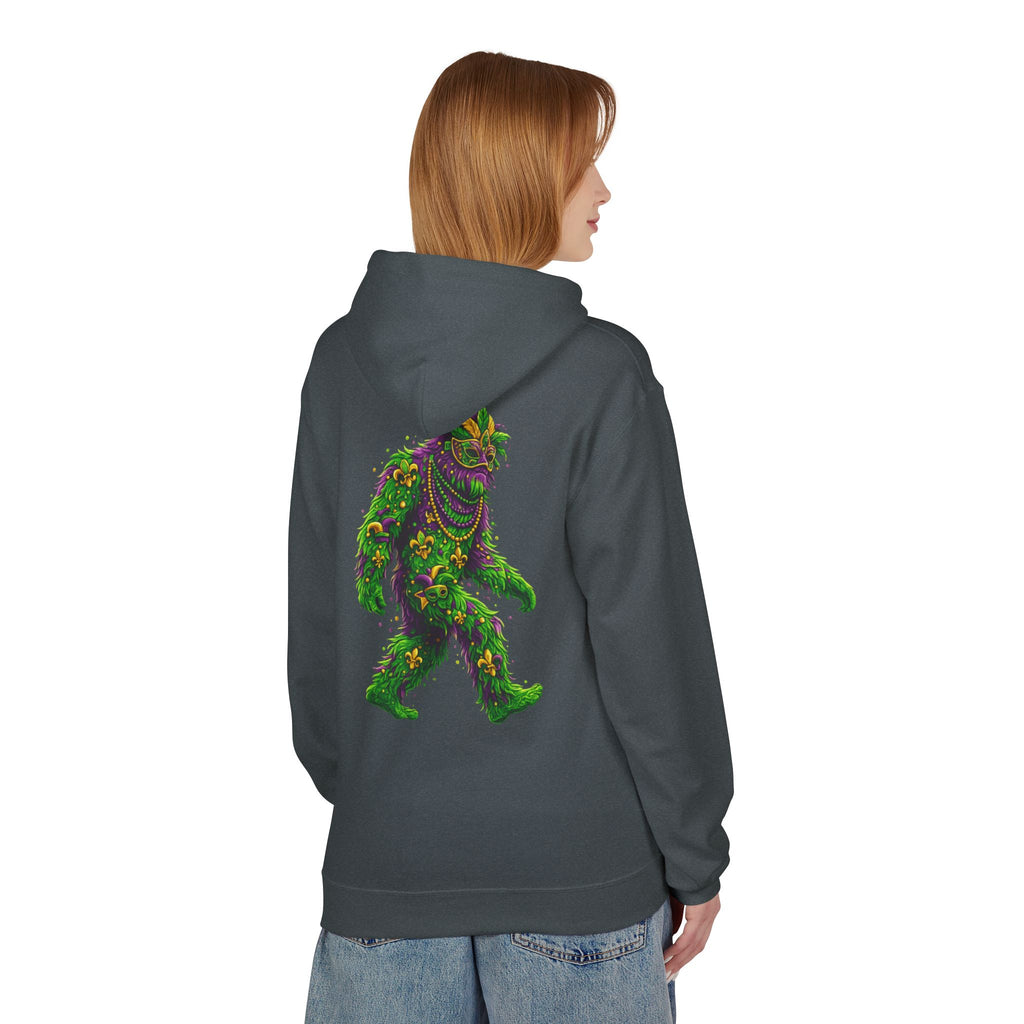 Mardi Gras Bigfoot Hoodie - Festive Beaded Sasquatch Pullover