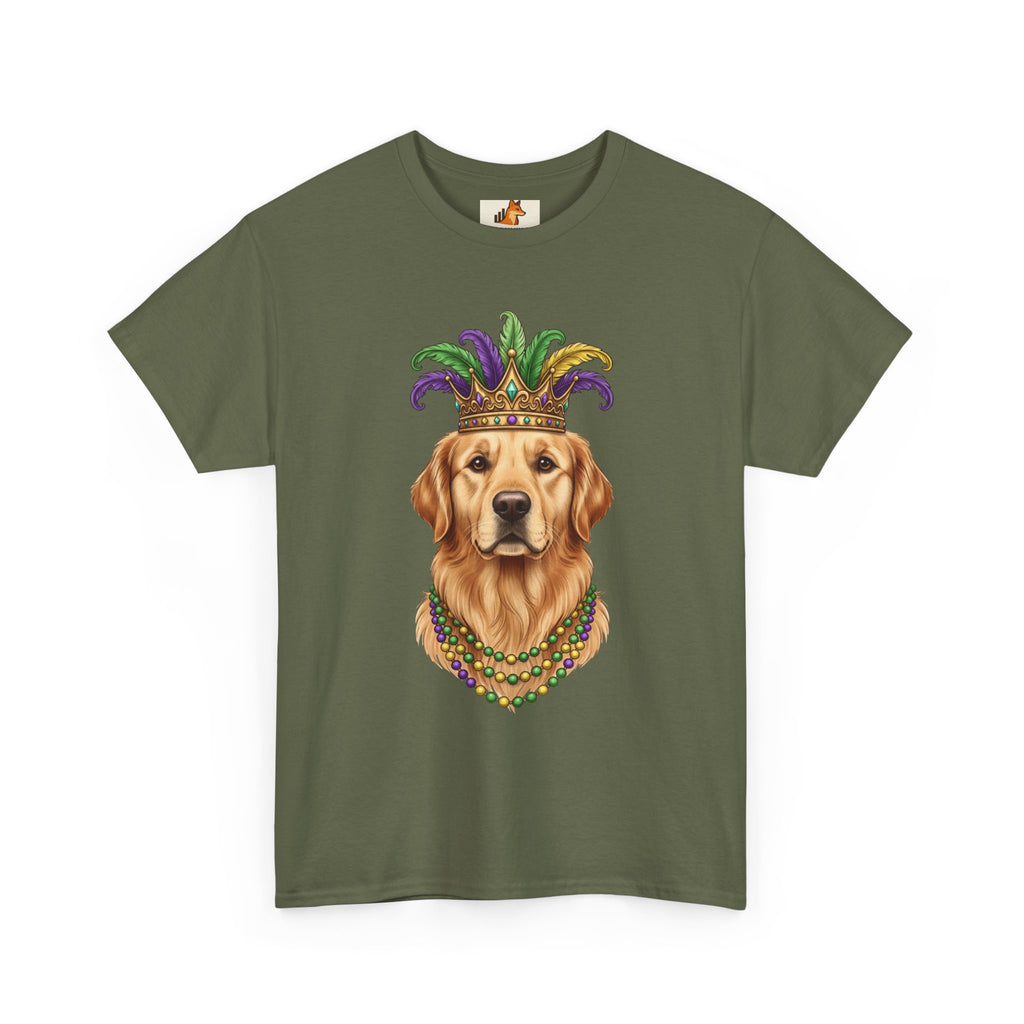 Mardi Gras Golden Retriever T-Shirt — Dog with Jester Crown & Beads