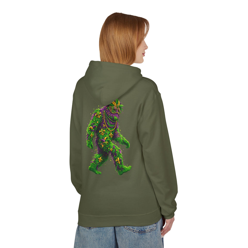 Mardi Gras Bigfoot Hoodie - Festive Beaded Sasquatch Pullover