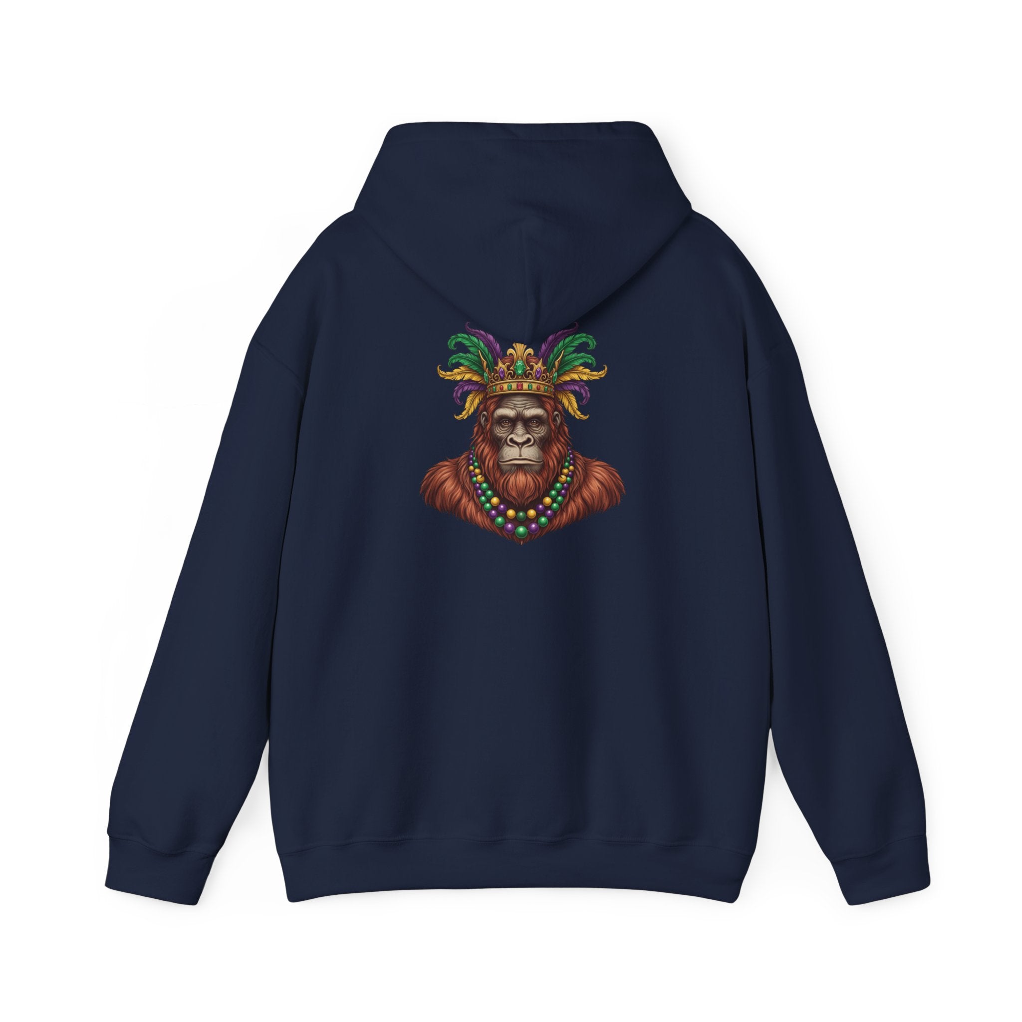 Mardi Gras Bigfoot Hooded Sweatshirt - Colorful Jester Mask & Bead Design