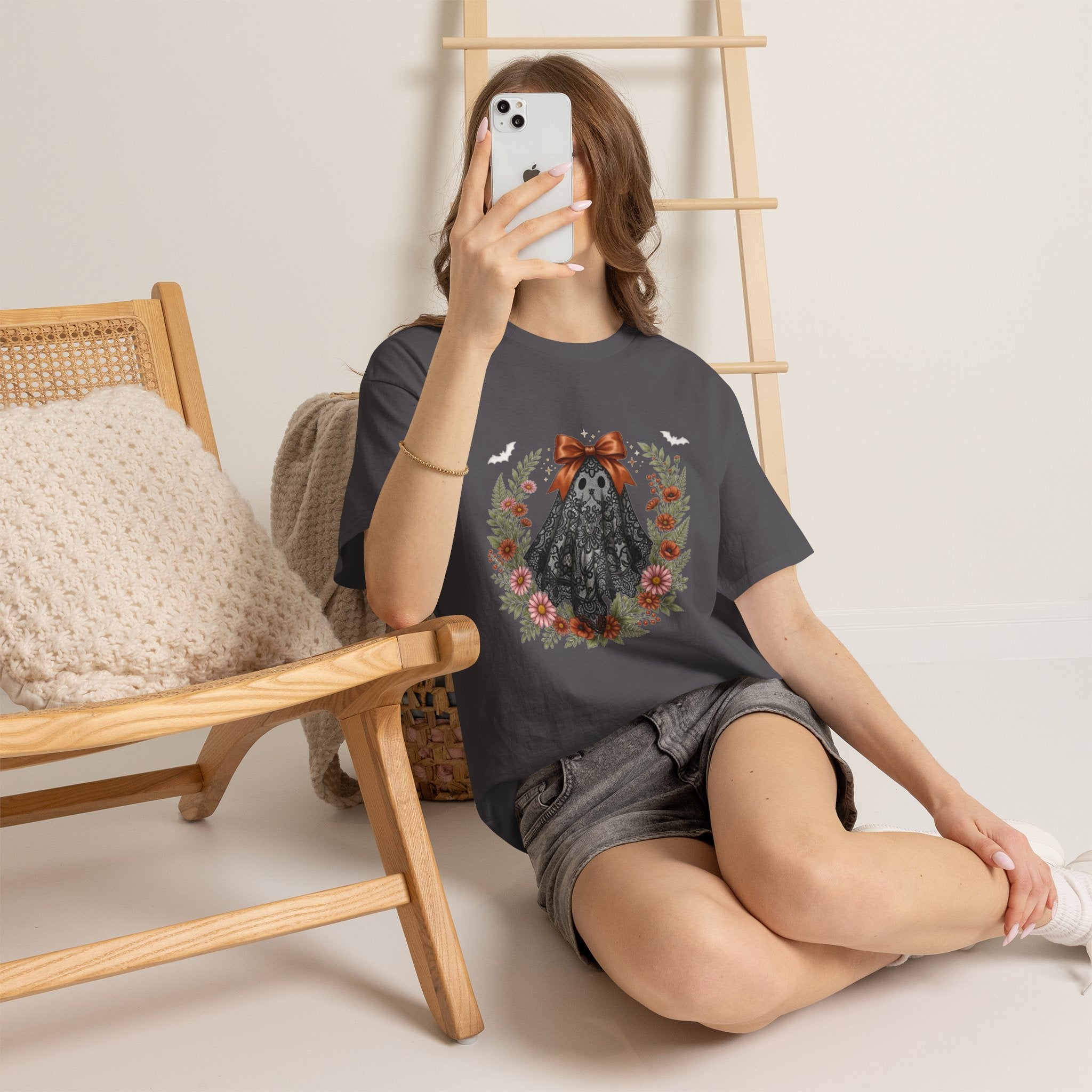 Ghost in Lace Tee — Floral Halloween Ghost T-Shirt with Bow