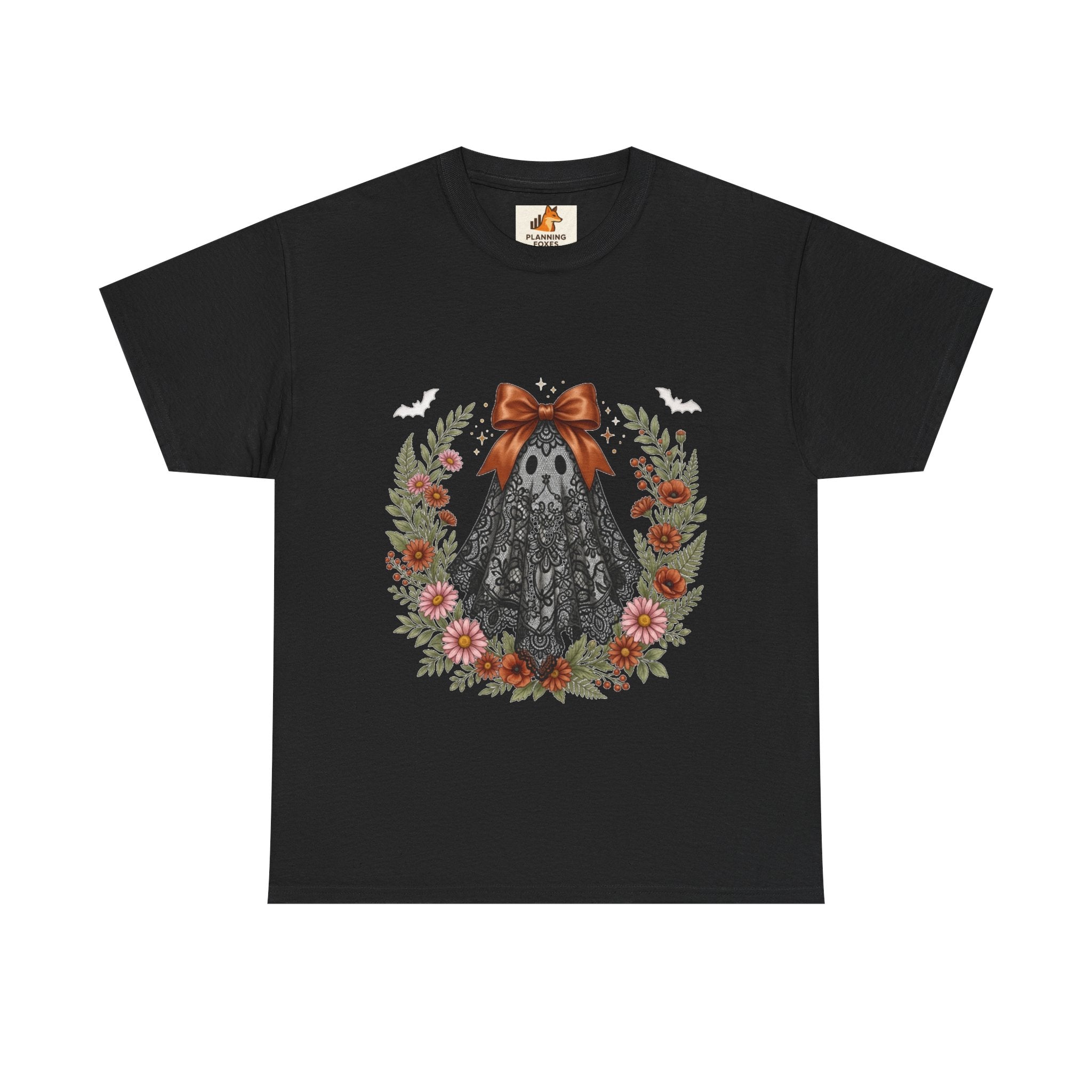 Ghost in Lace Tee — Floral Halloween Ghost T-Shirt with Bow