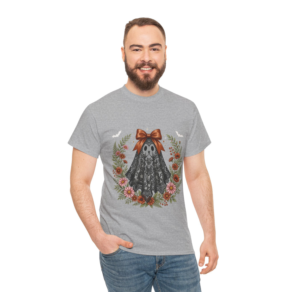 Ghost in Lace Tee — Floral Halloween Ghost T-Shirt with Bow