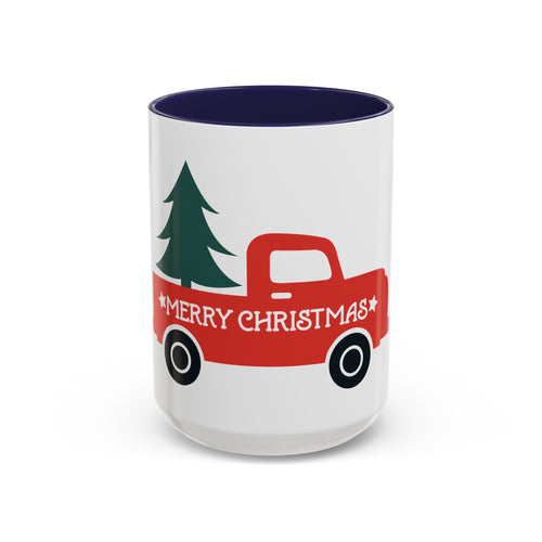Christmas Truck Coffee Mug — Red Vintage Pickup with Tree, "Merry Christmas" Accent Mug