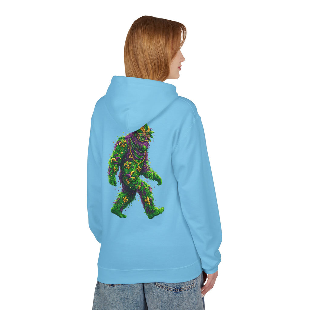 Mardi Gras Bigfoot Hoodie - Festive Beaded Sasquatch Pullover