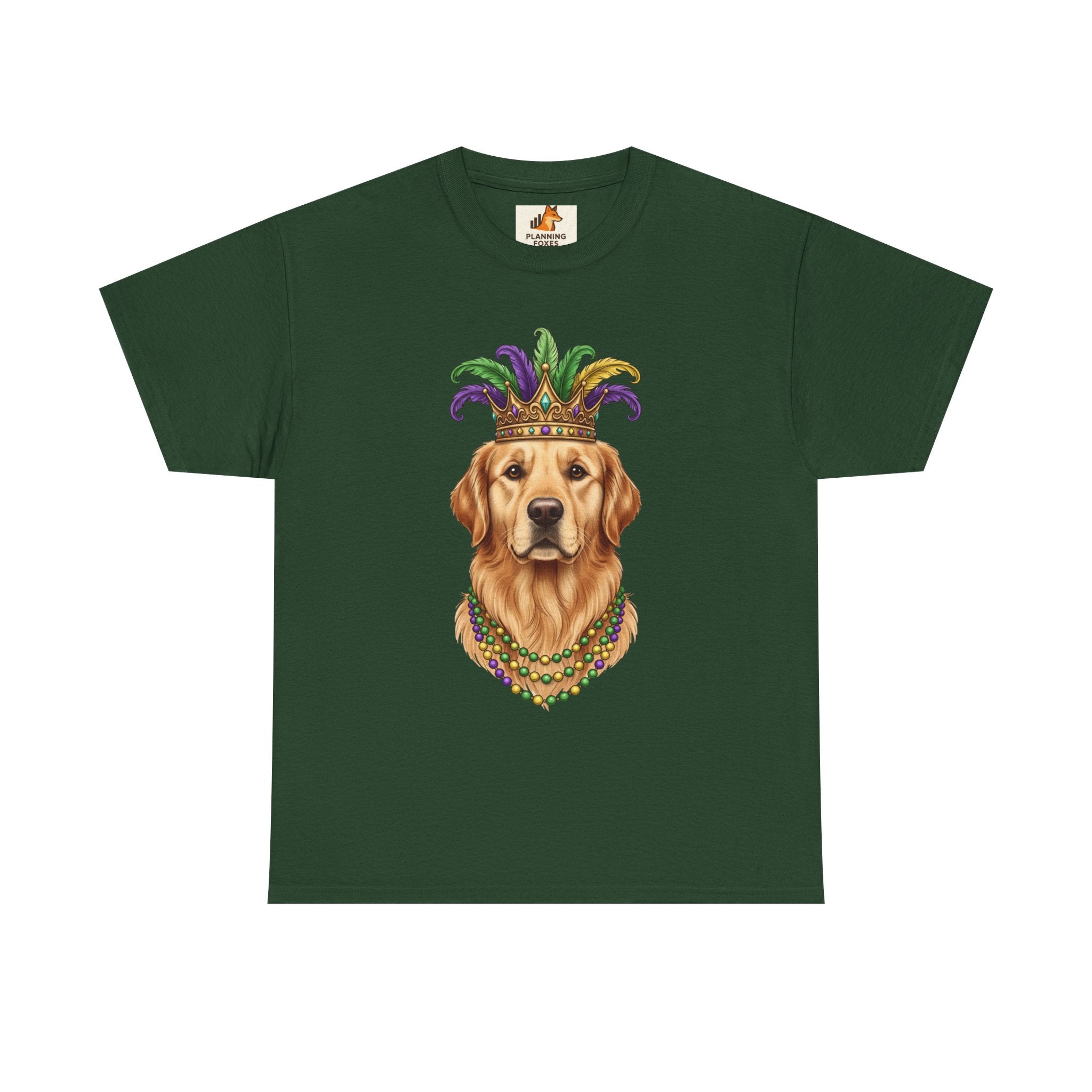 Mardi Gras Golden Retriever T-Shirt — Dog with Jester Crown & Beads