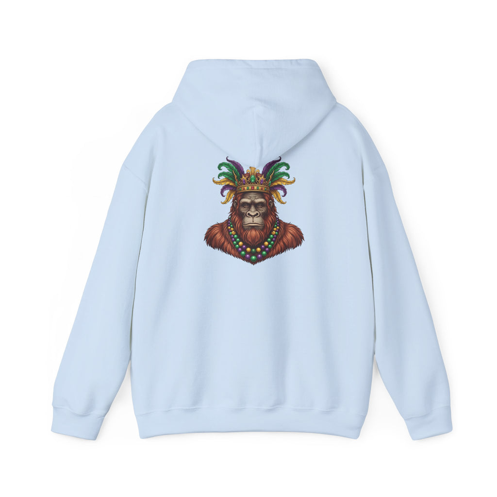 Mardi Gras Bigfoot Hooded Sweatshirt - Colorful Jester Mask & Bead Design