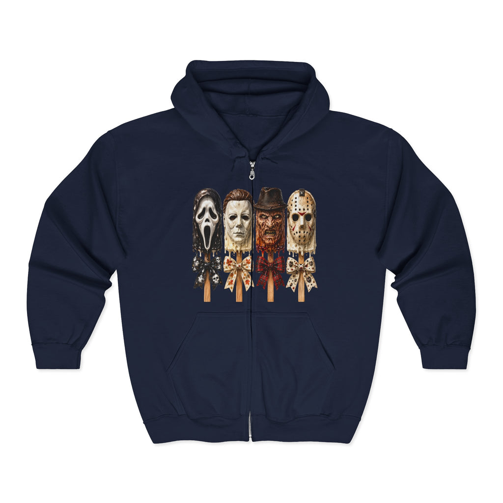 Horror Icons Full‑Zip Hoodie — Scream, Michael Myers, Freddy & Jason Popsicle Mask Design