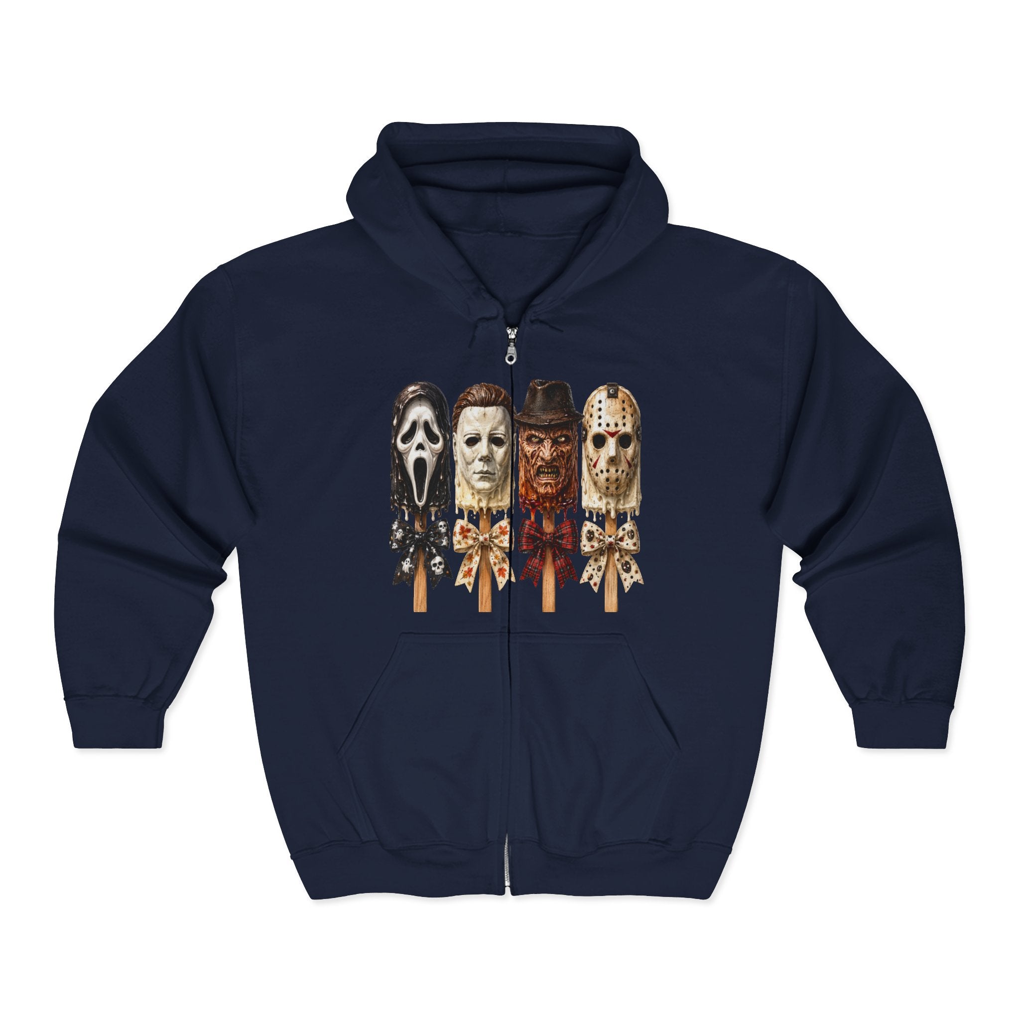 Horror Icons Full‑Zip Hoodie — Scream, Michael Myers, Freddy & Jason Popsicle Mask Design