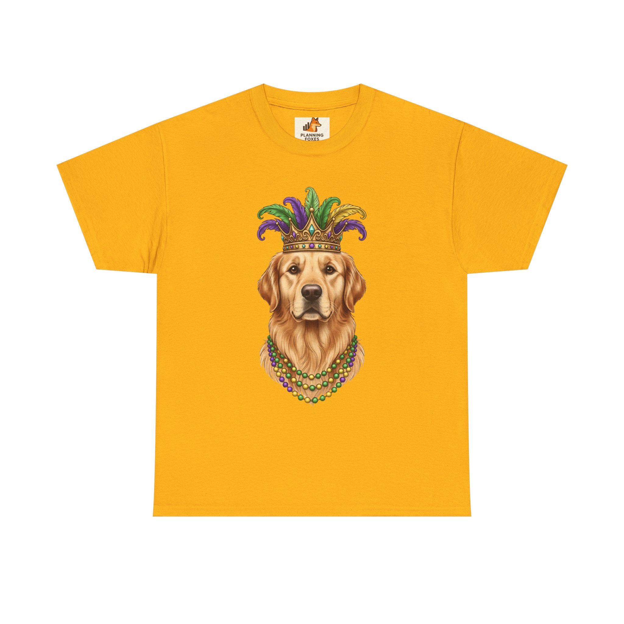 Mardi Gras Golden Retriever T-Shirt — Dog with Jester Crown & Beads
