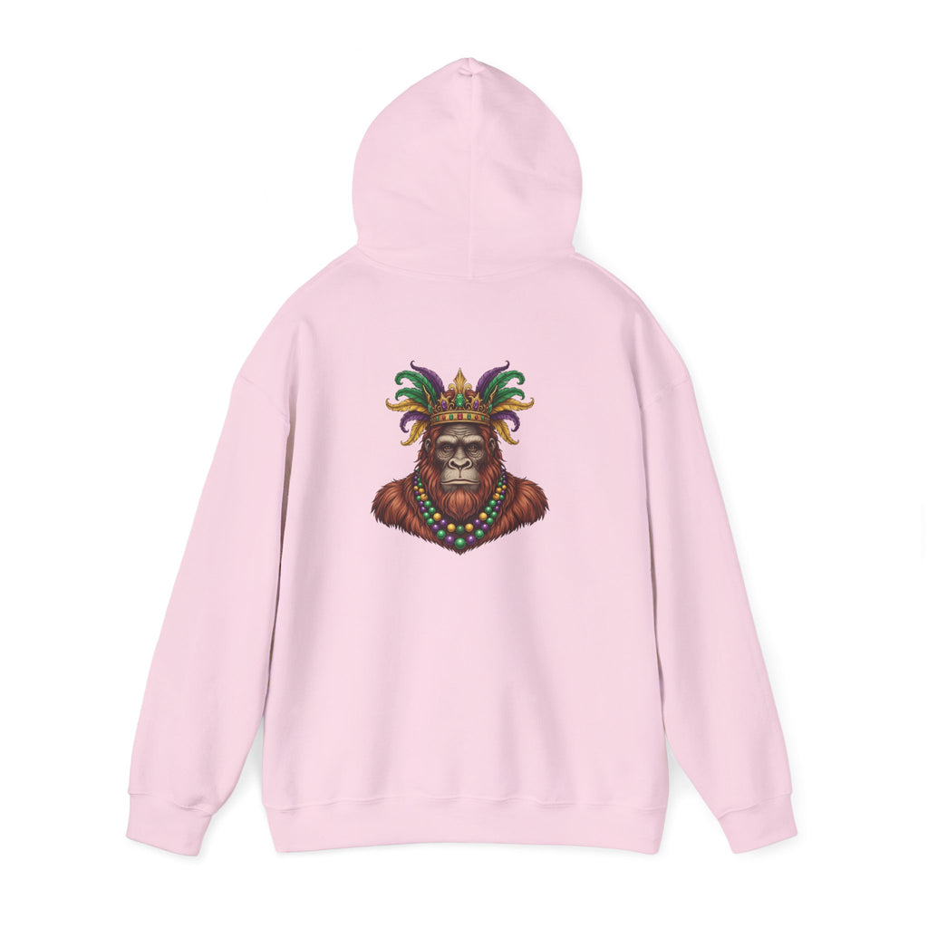 Mardi Gras Bigfoot Hooded Sweatshirt - Colorful Jester Mask & Bead Design