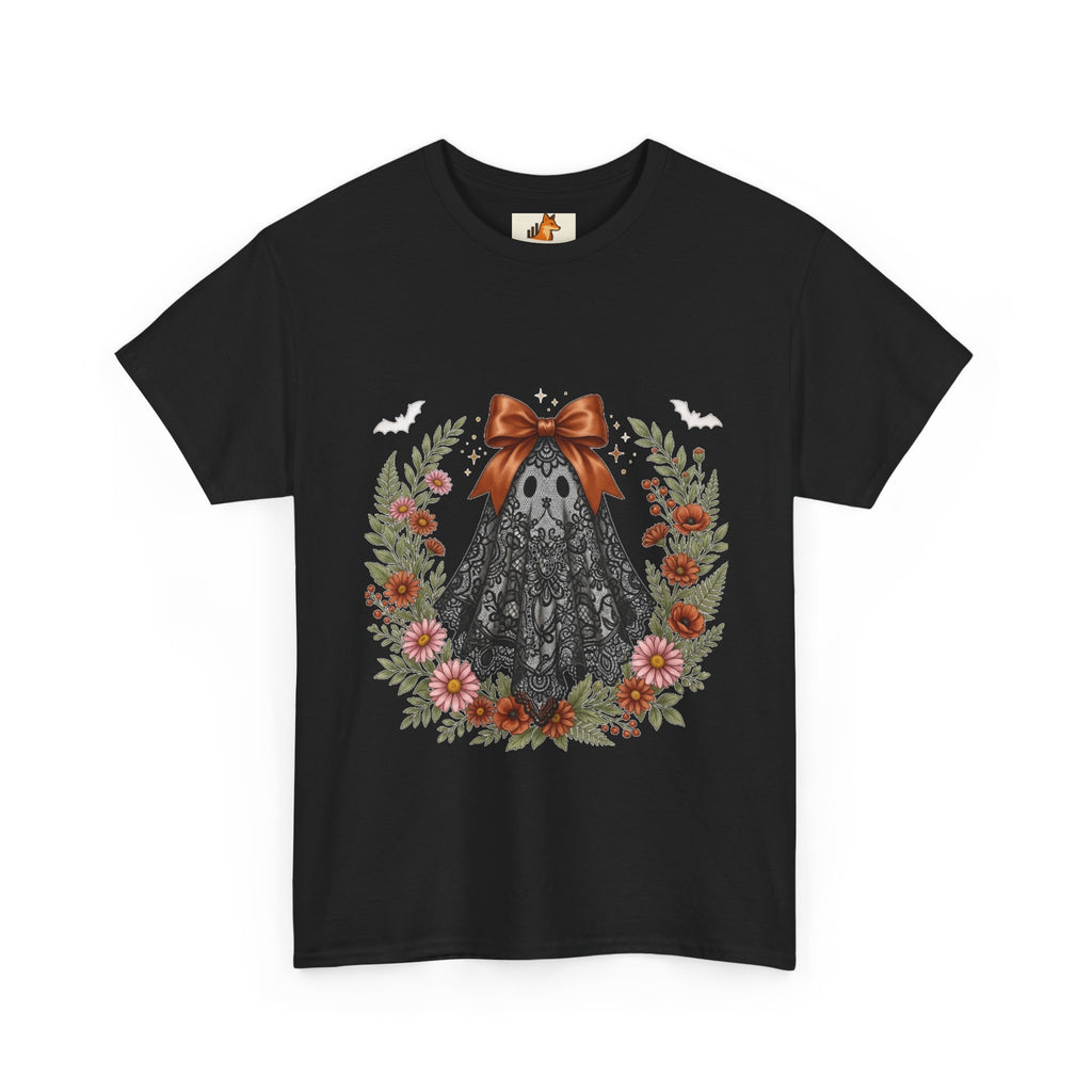Ghost in Lace Tee — Floral Halloween Ghost T-Shirt with Bow