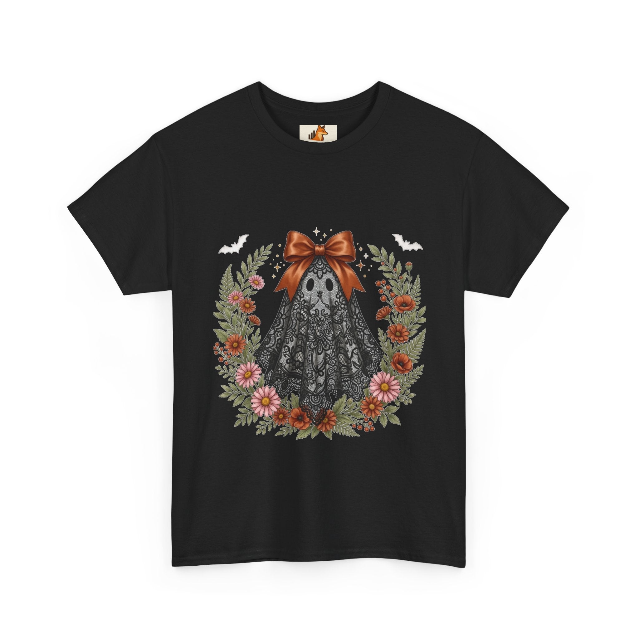 Ghost in Lace Tee — Floral Halloween Ghost T-Shirt with Bow