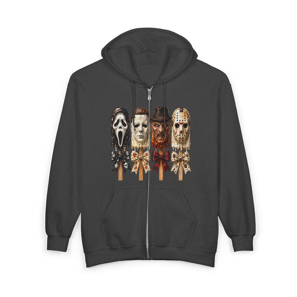 Horror Icons Full‑Zip Hoodie — Scream, Michael Myers, Freddy & Jason Popsicle Mask Design