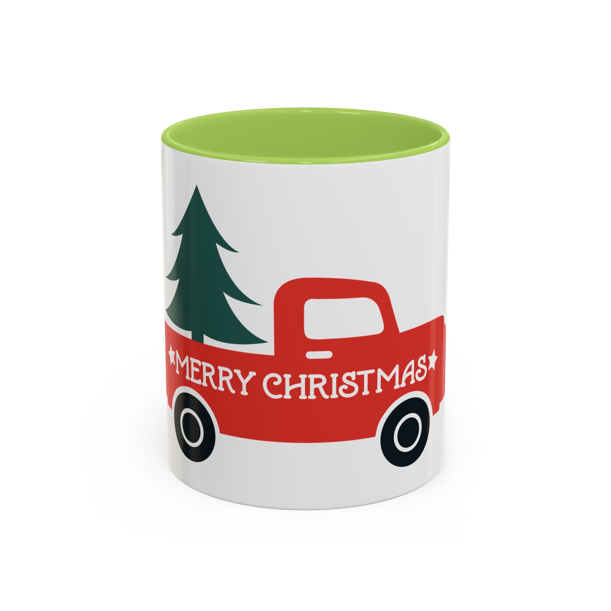 Christmas Truck Coffee Mug — Red Vintage Pickup with Tree, "Merry Christmas" Accent Mug