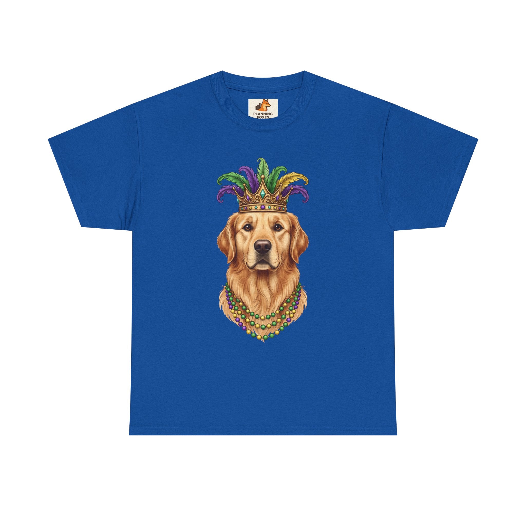 Mardi Gras Golden Retriever T-Shirt — Dog with Jester Crown & Beads