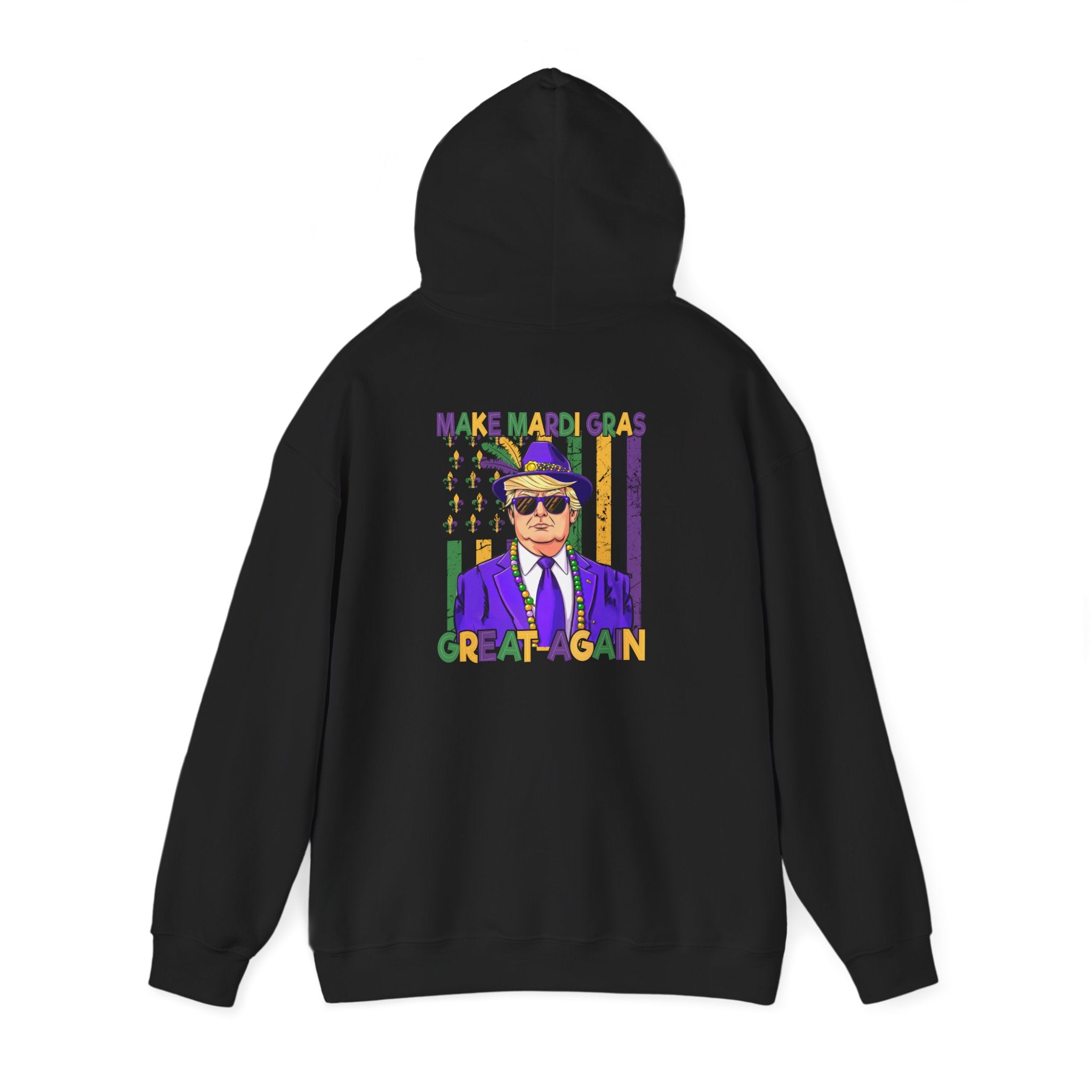 Mardi Gras Great Again Hoodie — Festive King Cake Masked Man Back Graphic