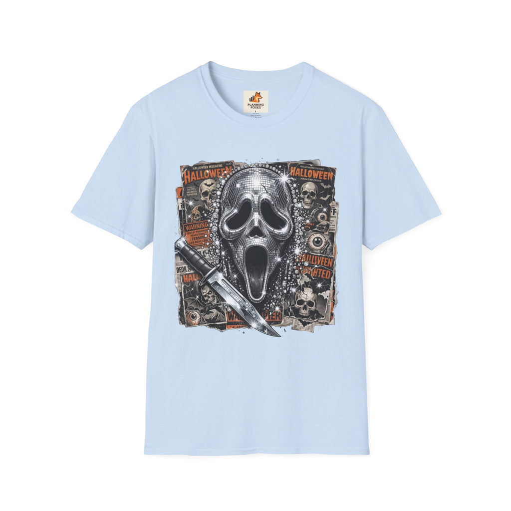 Halloween Scream Mask T-Shirt — Skull, Knife & Poster Horror Graphic Tee