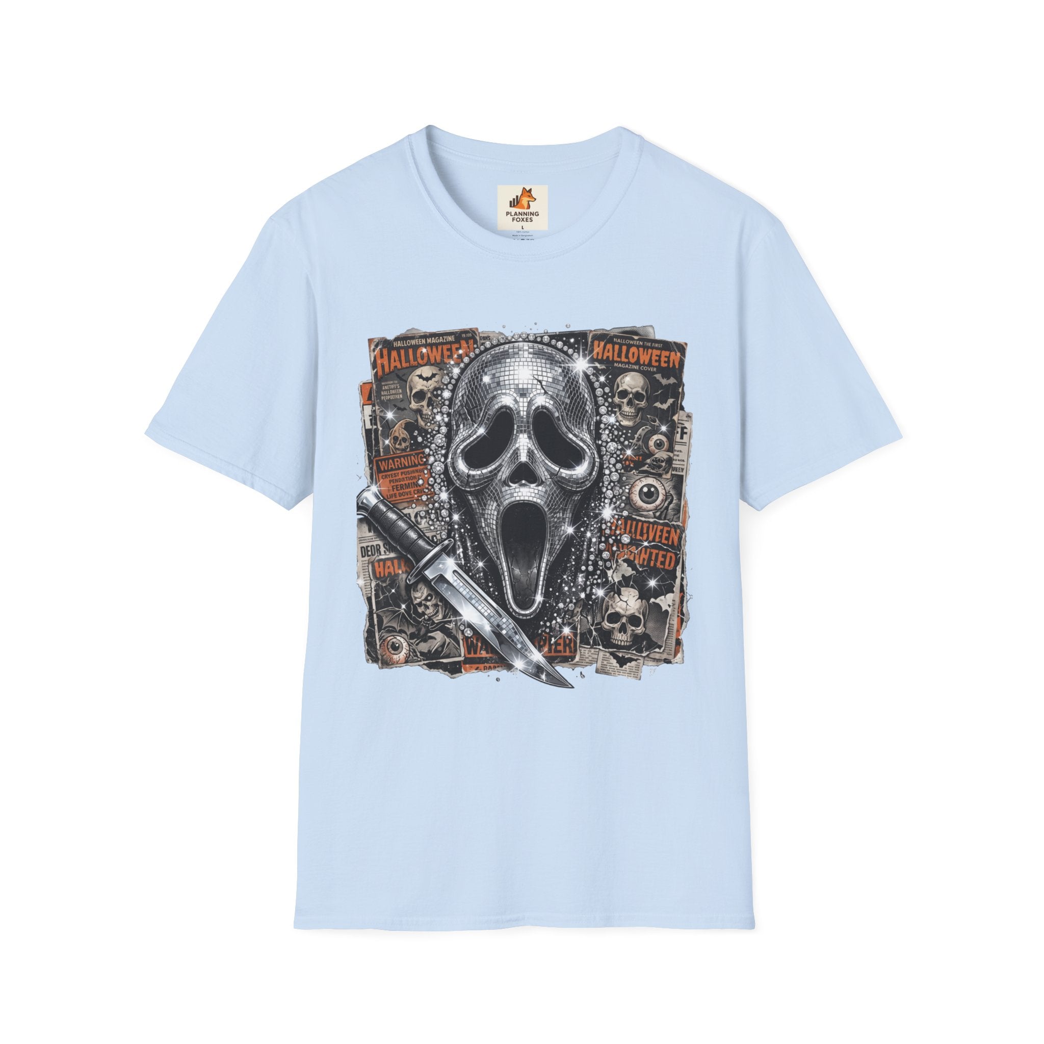 Halloween Scream Mask T-Shirt — Skull, Knife & Poster Horror Graphic Tee
