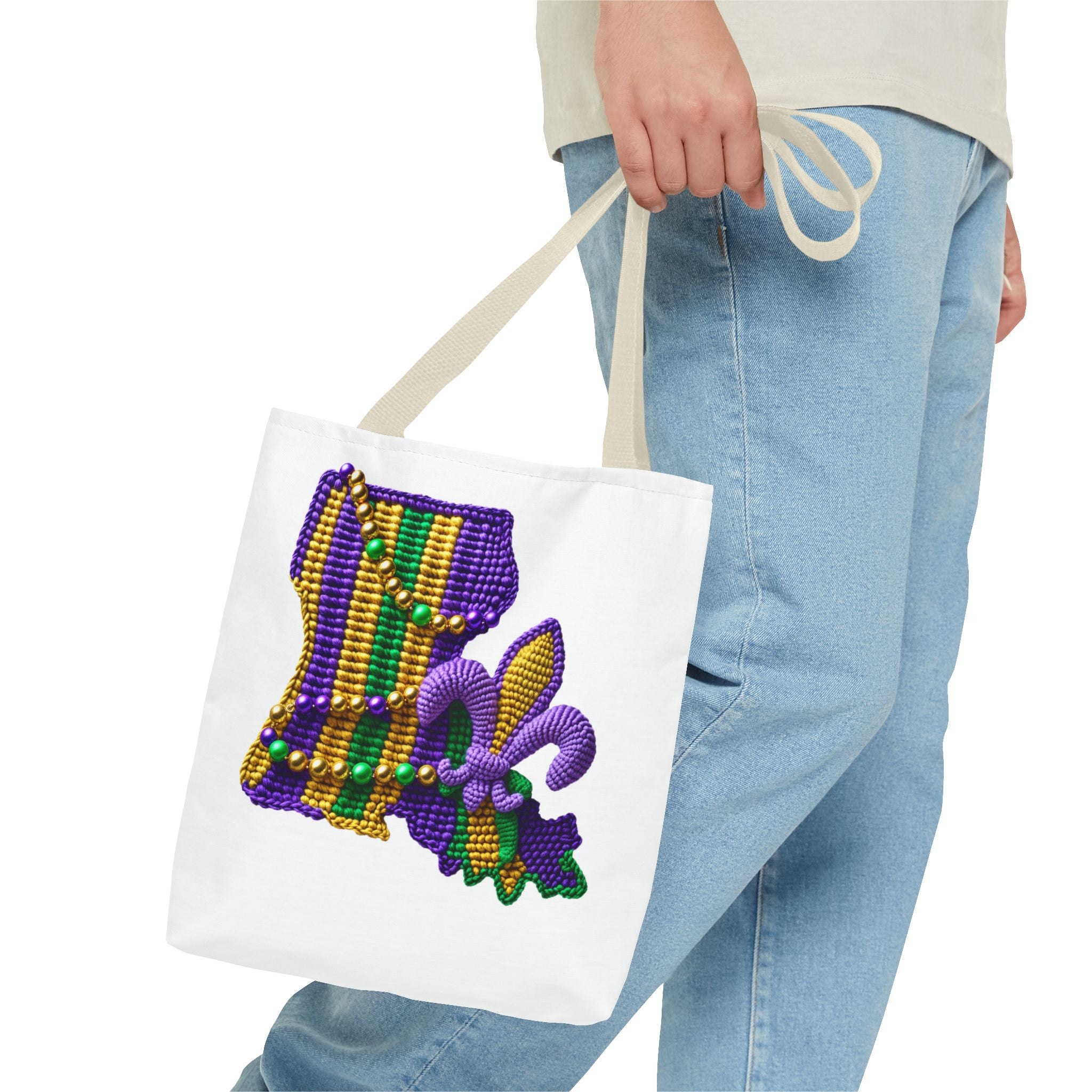 Mardi Gras Louisiana Tote Bag — Fleur‑de‑Lis Beads All‑Over Print