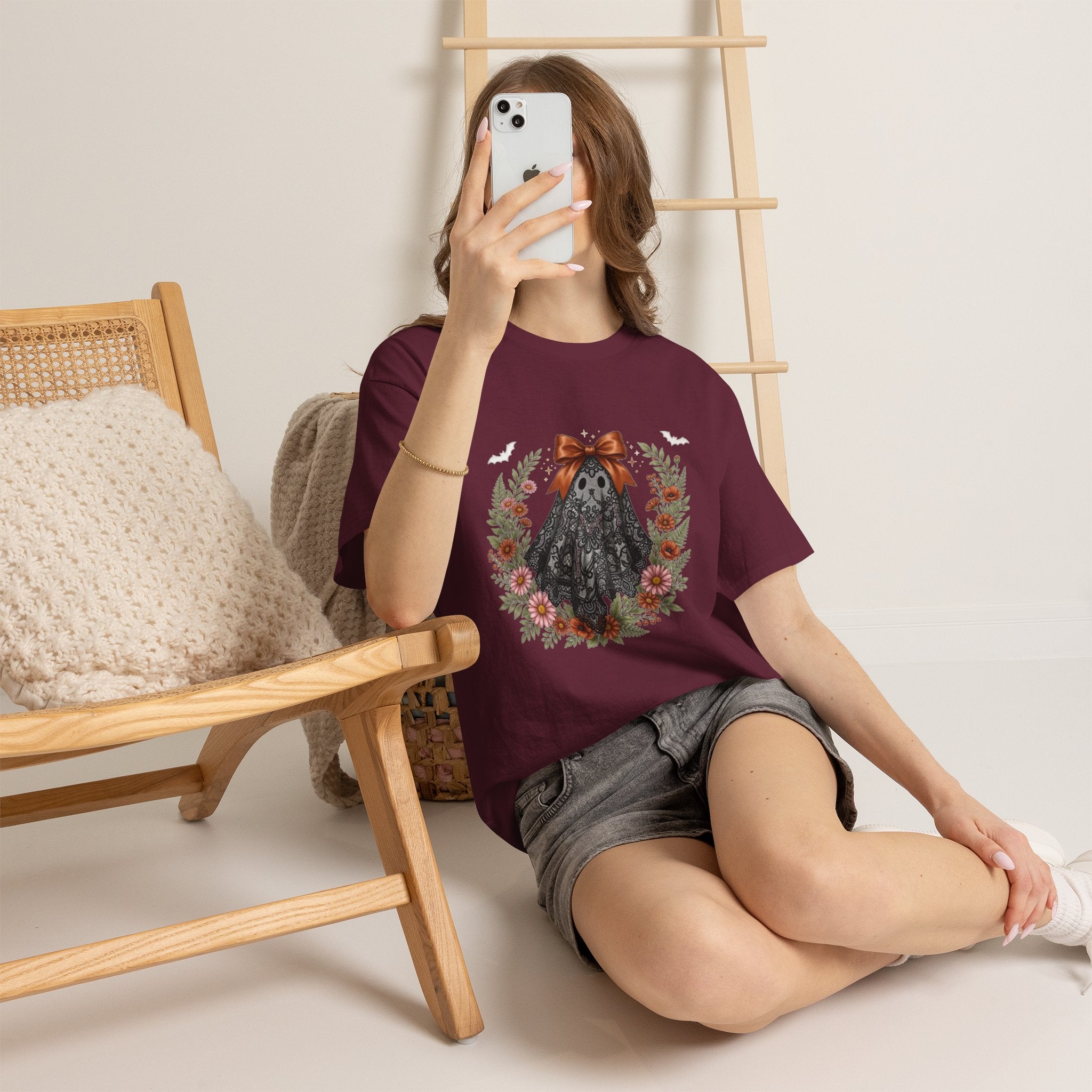 Ghost in Lace Tee — Floral Halloween Ghost T-Shirt with Bow