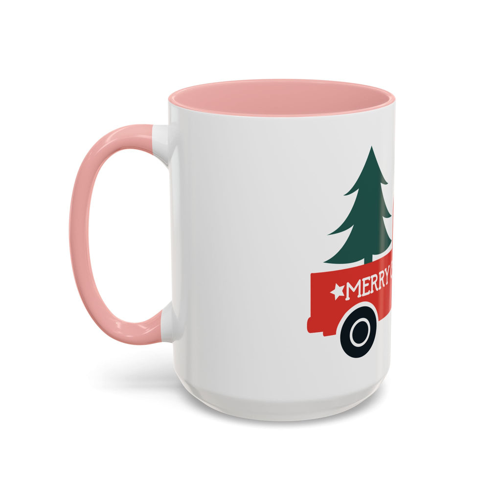 Christmas Truck Coffee Mug — Red Vintage Pickup with Tree, "Merry Christmas" Accent Mug