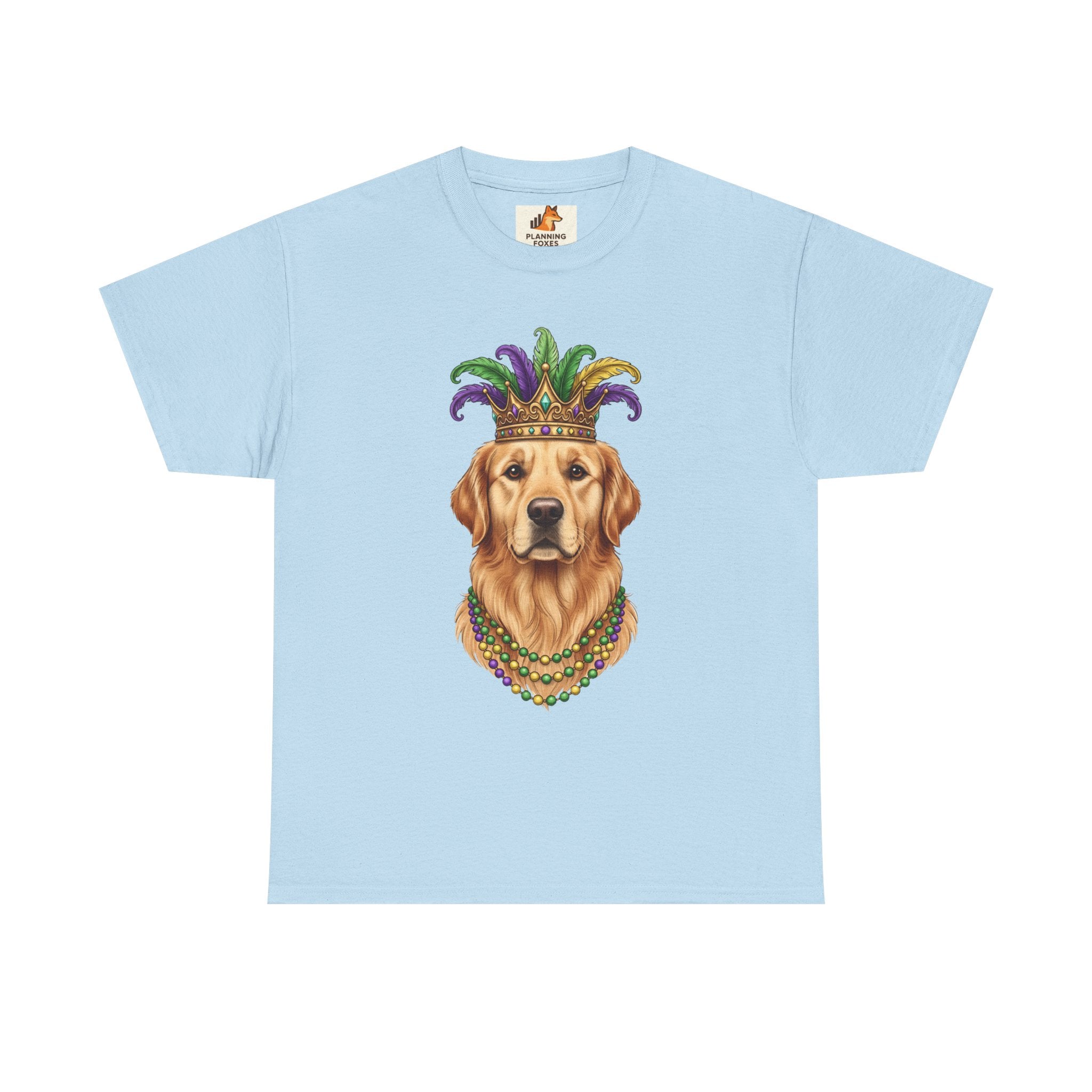 Mardi Gras Golden Retriever T-Shirt — Dog with Jester Crown & Beads