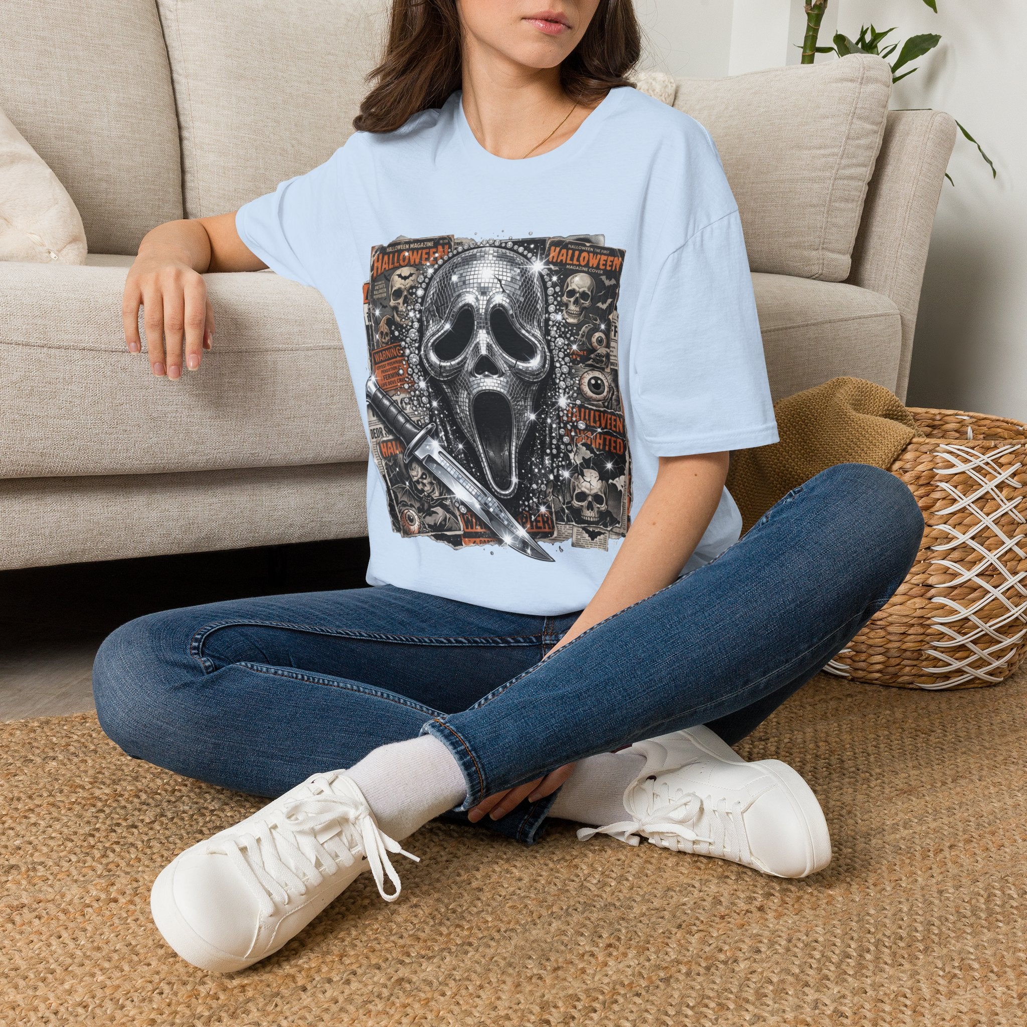 Halloween Scream Mask T-Shirt — Skull, Knife & Poster Horror Graphic Tee
