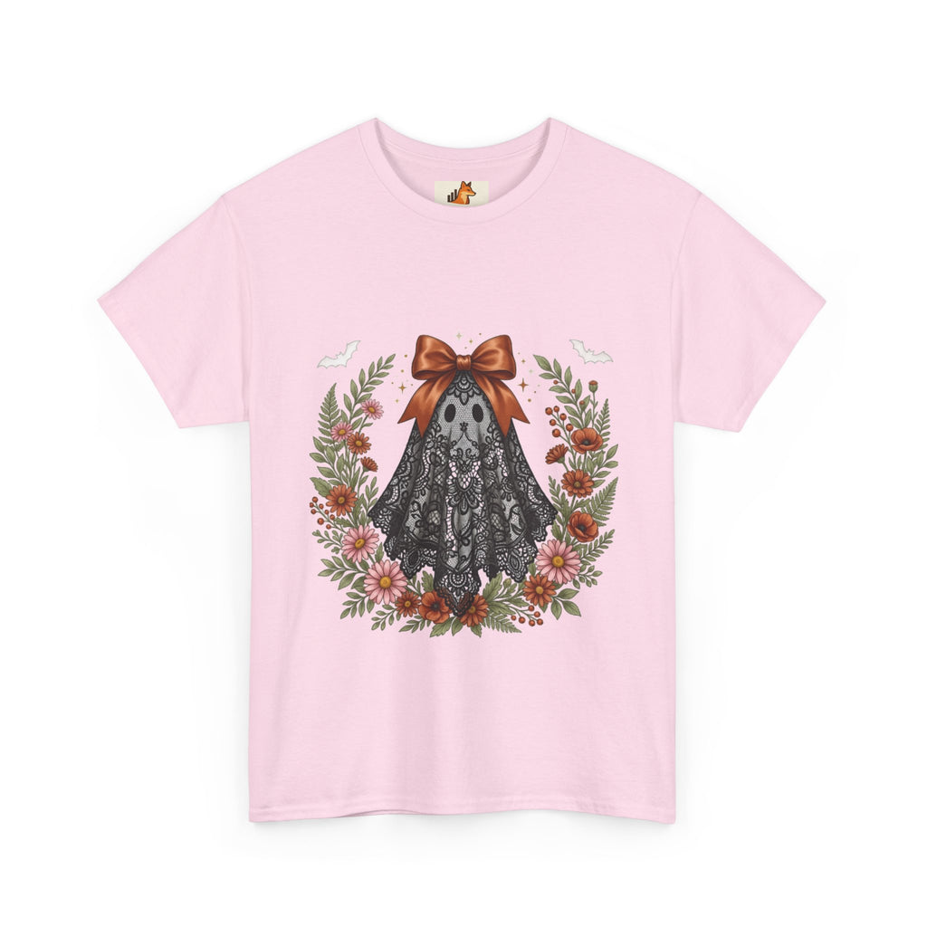 Ghost in Lace Tee — Floral Halloween Ghost T-Shirt with Bow