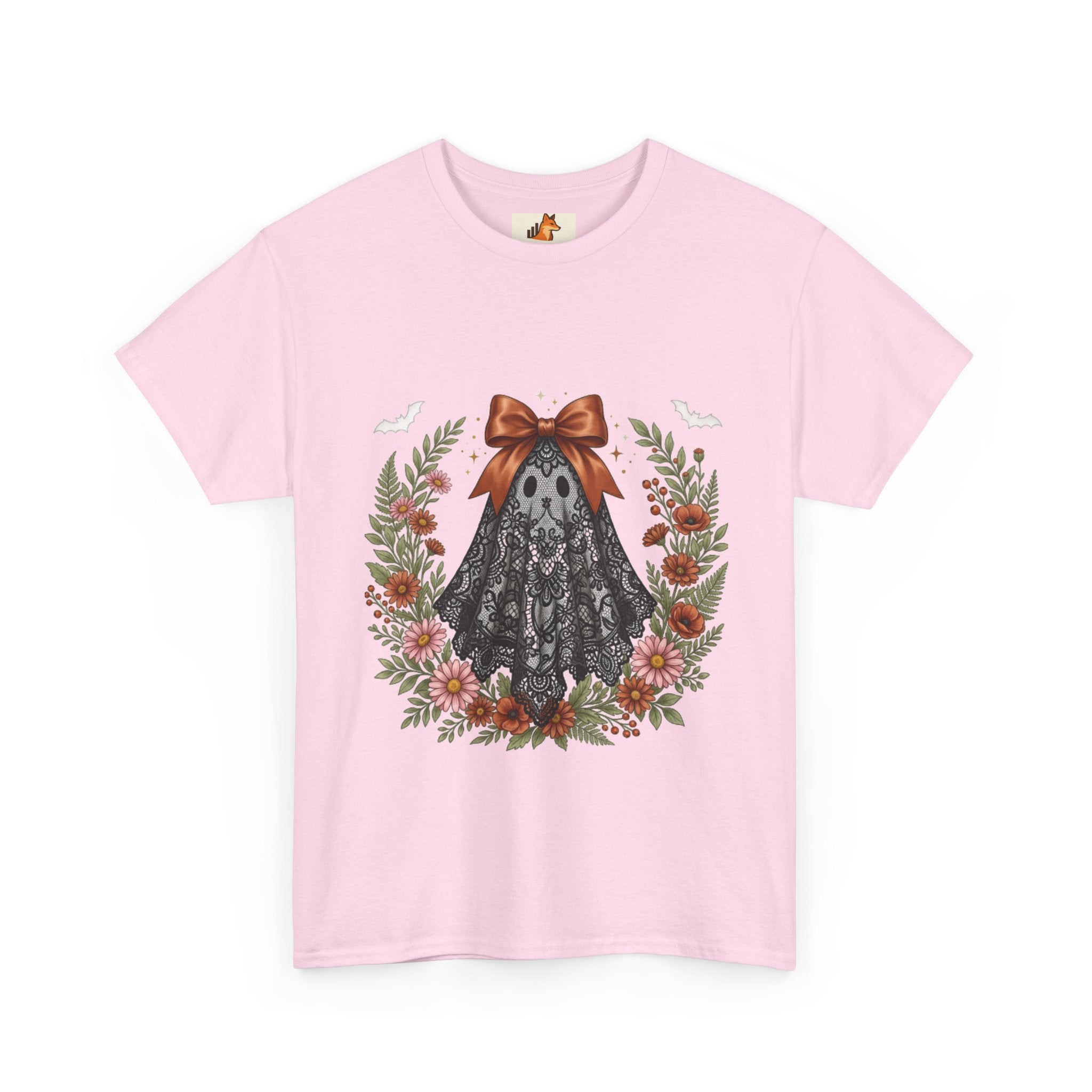 Ghost in Lace Tee — Floral Halloween Ghost T-Shirt with Bow