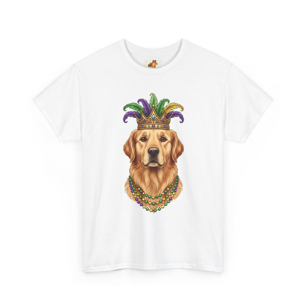 Mardi Gras Golden Retriever T-Shirt — Dog with Jester Crown & Beads