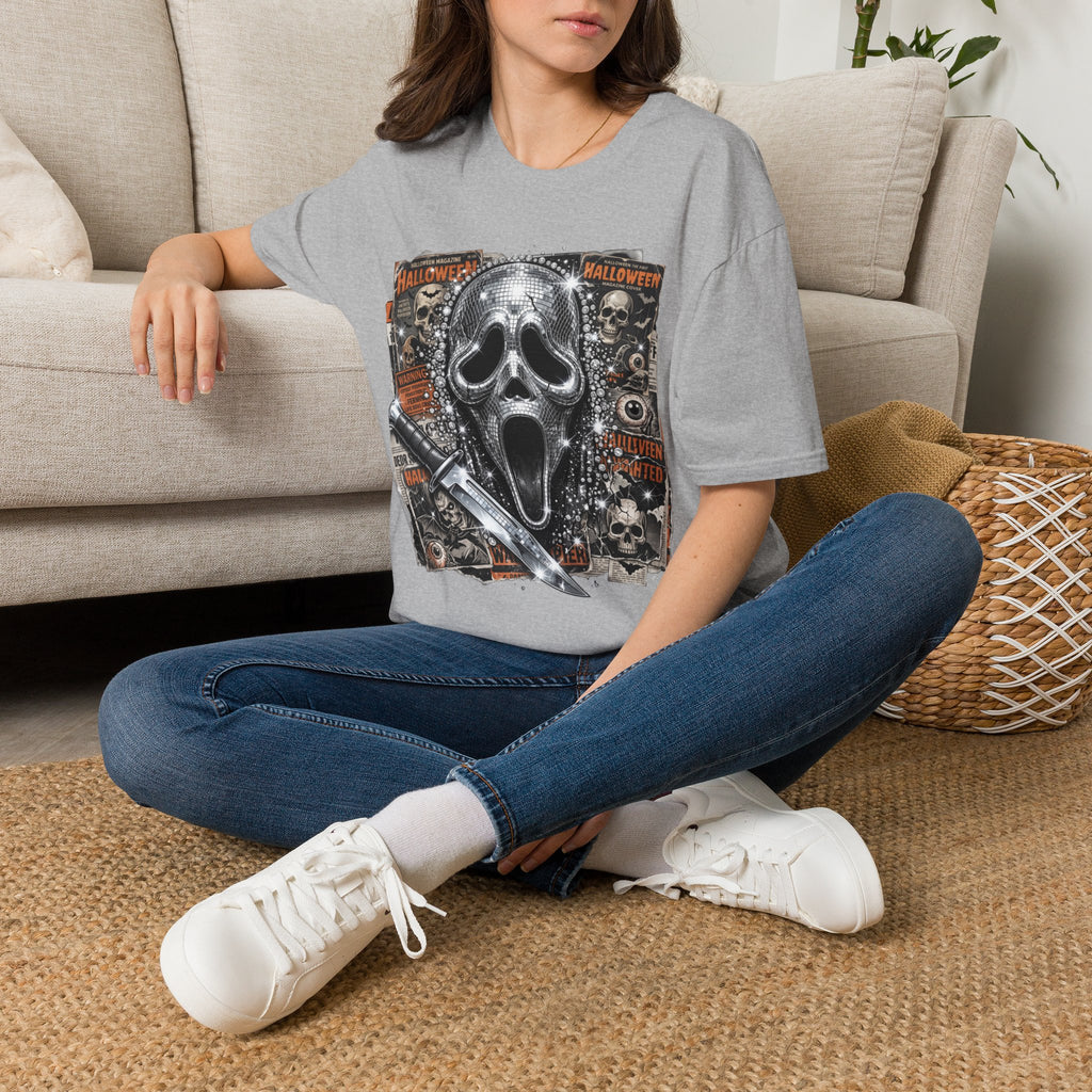 Halloween Scream Mask T-Shirt — Skull, Knife & Poster Horror Graphic Tee