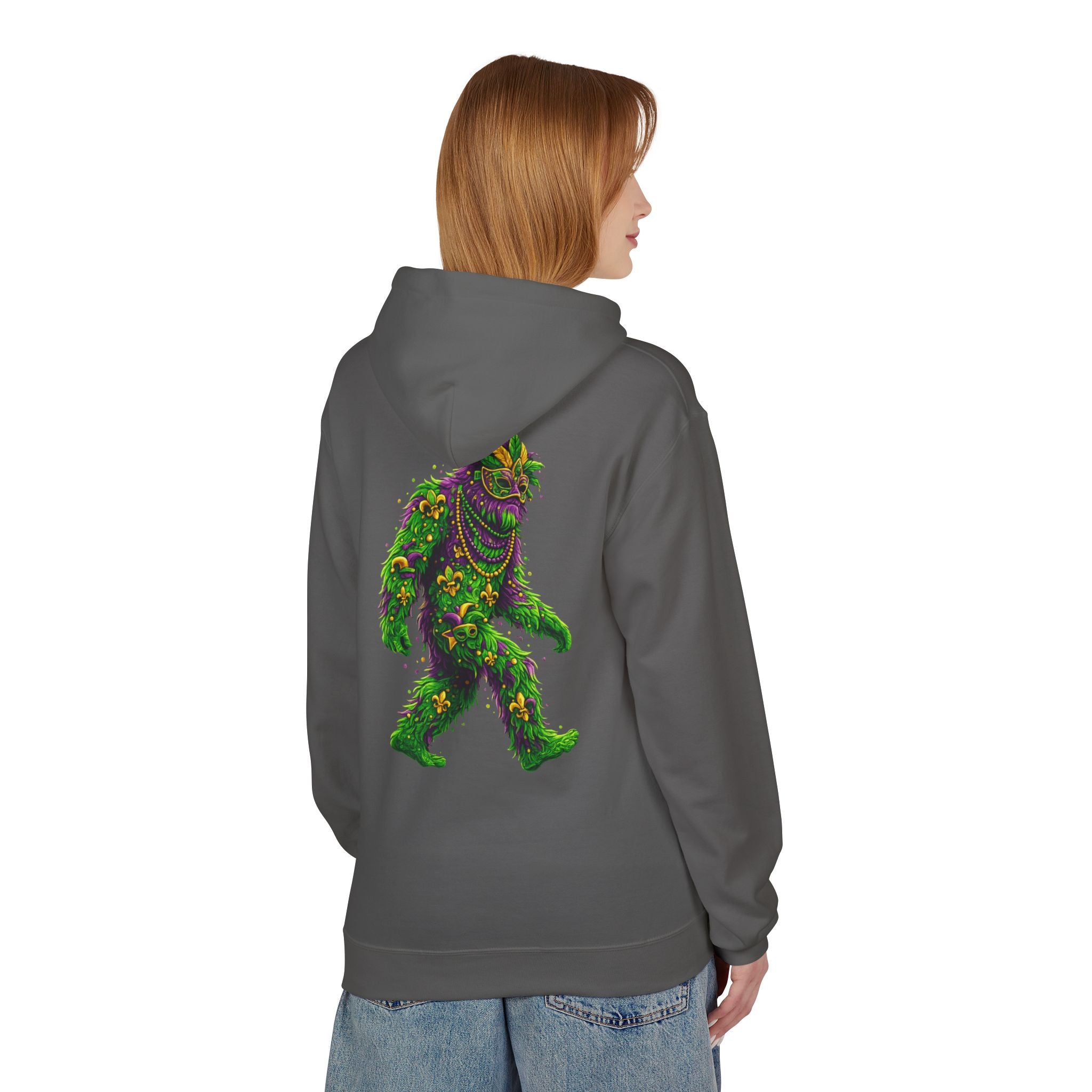 Mardi Gras Bigfoot Hoodie - Festive Beaded Sasquatch Pullover