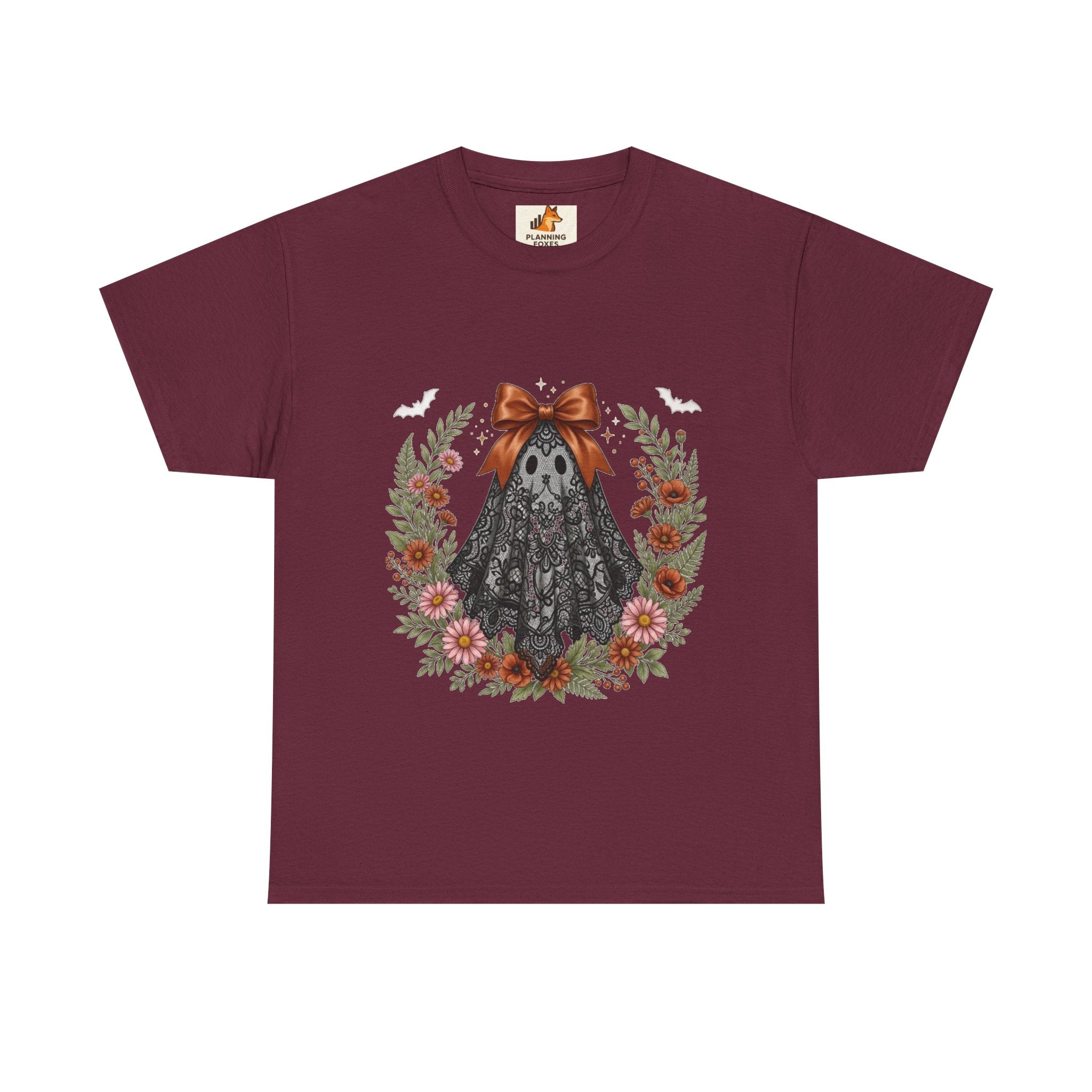 Ghost in Lace Tee — Floral Halloween Ghost T-Shirt with Bow